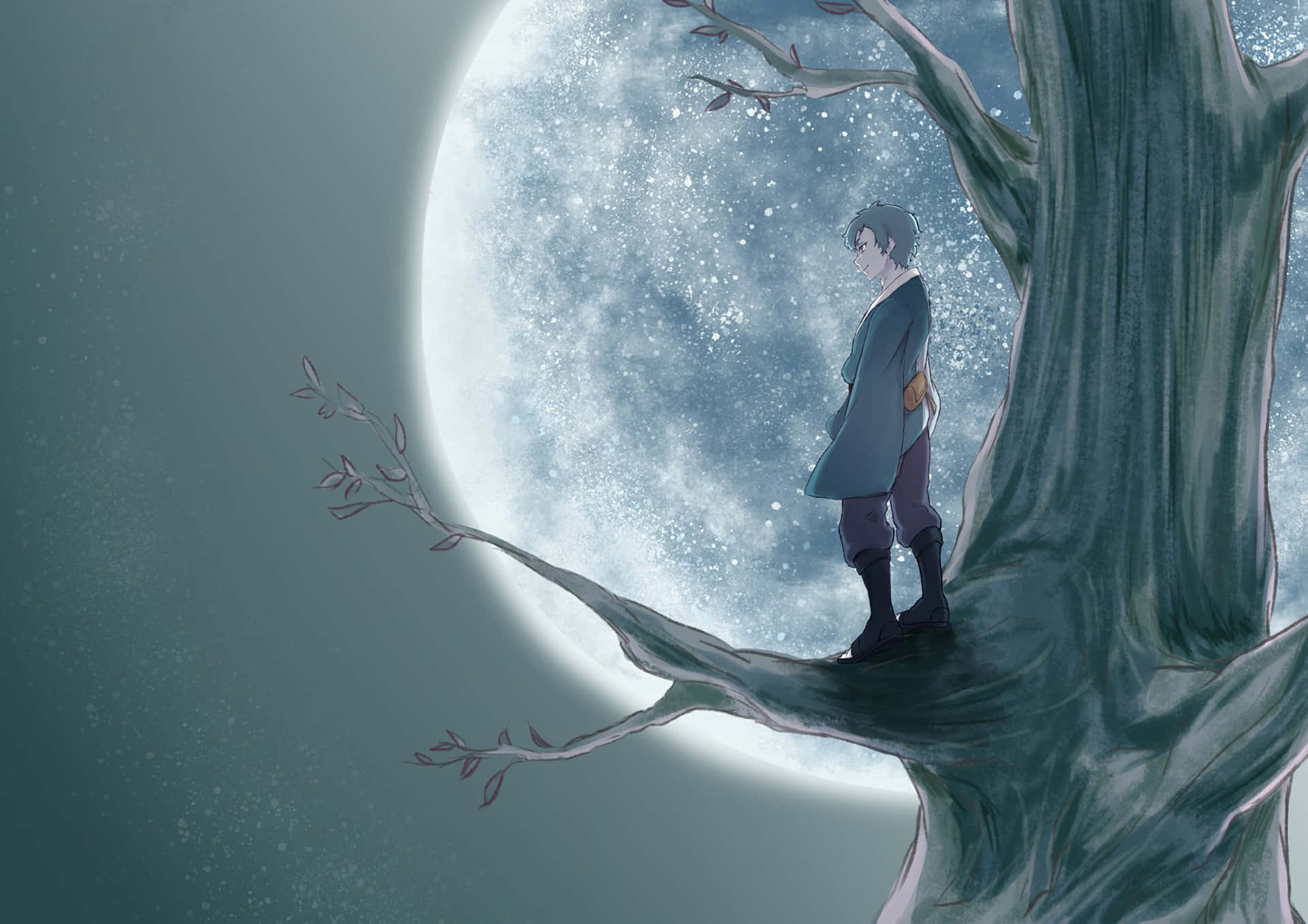 Mitsuki 桌布 壁紙 — 一個孤獨的動漫男孩站在彎曲的樹枝上，背景是一個巨大的發光月亮，充滿了閃爍的粒子。