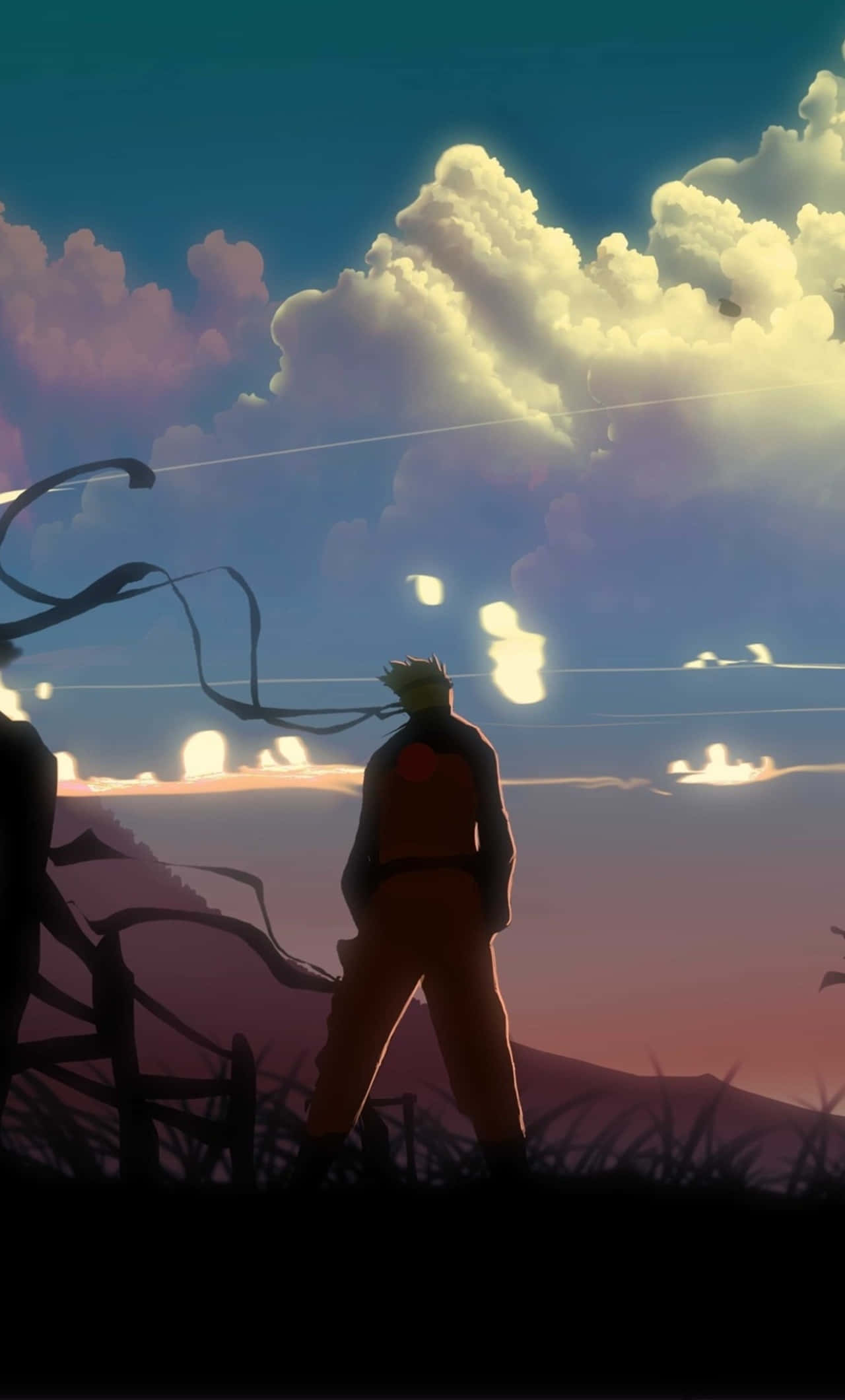 Cool Anime iPhone 桌布 壁紙 — 一個孤獨的動漫男孩站在日落時分的山丘上，在充滿活力的天空下看著發光的雲彩和遠山。