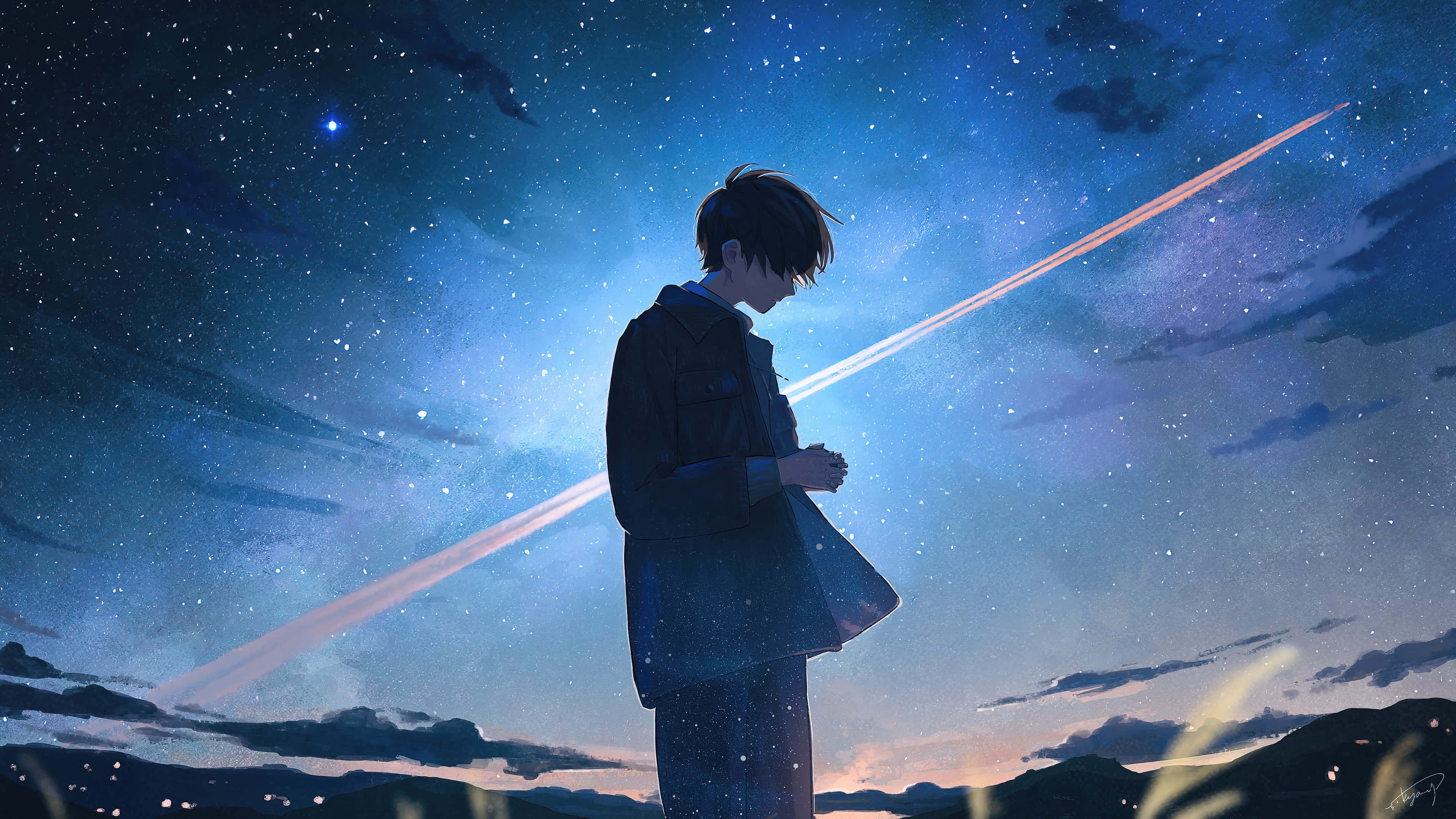 動漫男孩 桌布 壁紙 — 一個孤獨的動漫男孩站在暮色中，星空下有一顆發光的彗星劃過天際。