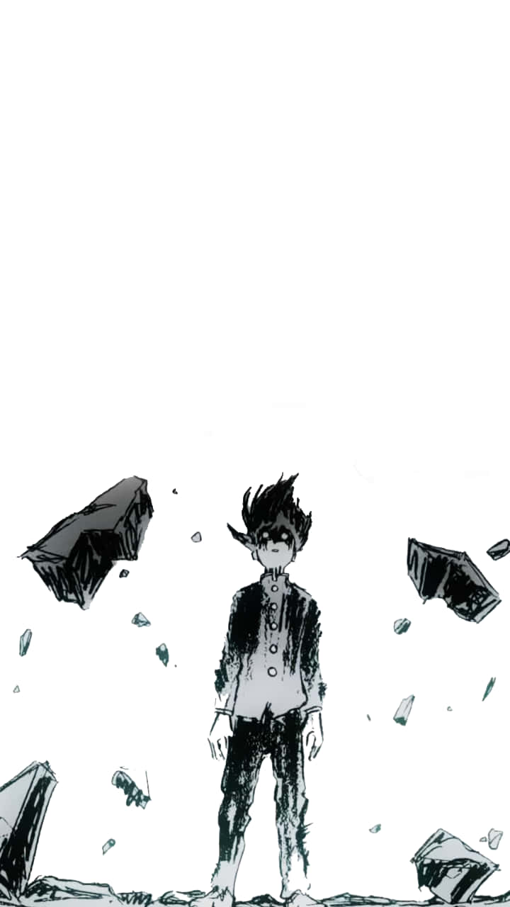 動漫 桌布 壁紙 — 一個孤獨的動漫男孩站在漂浮的破碎碎片中，場景是鮮明的黑白。