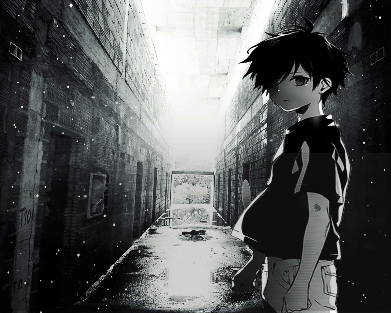 動漫男孩在黑暗小巷中，盡頭有光線照射 — 單身男孩 壁紙