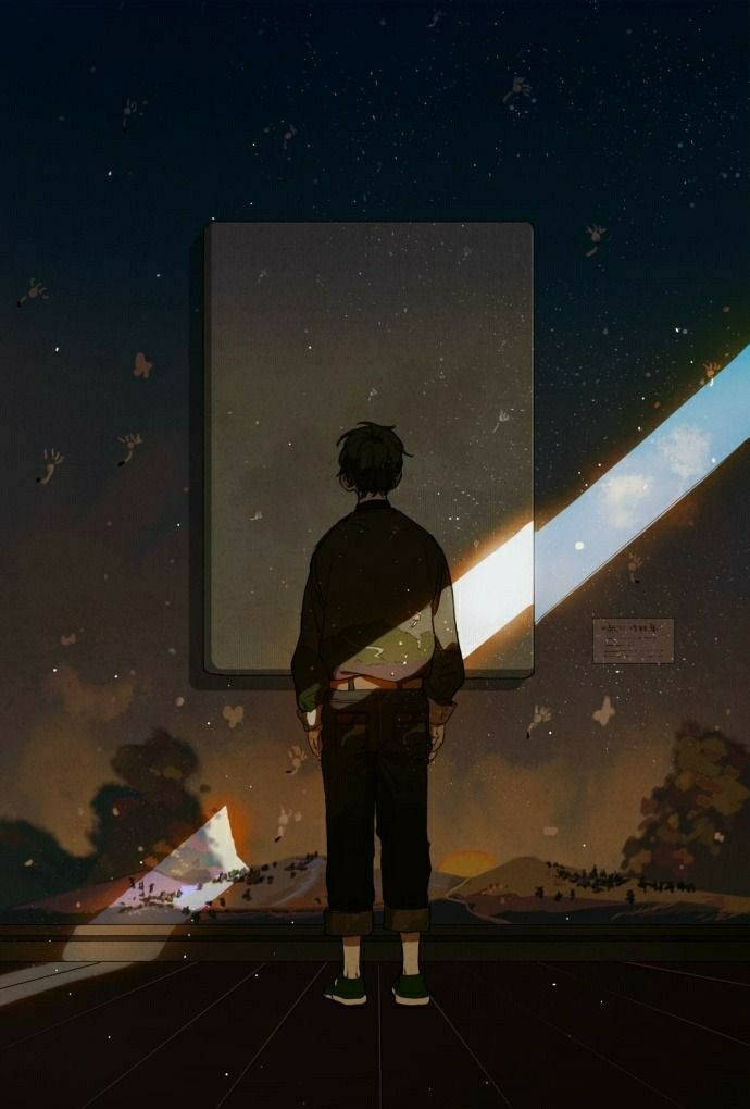 桌布 壁紙 — 一個孤獨的動漫男孩站在發光的窗前，窗框被落葉環繞，背景是繁星點點的夜空。