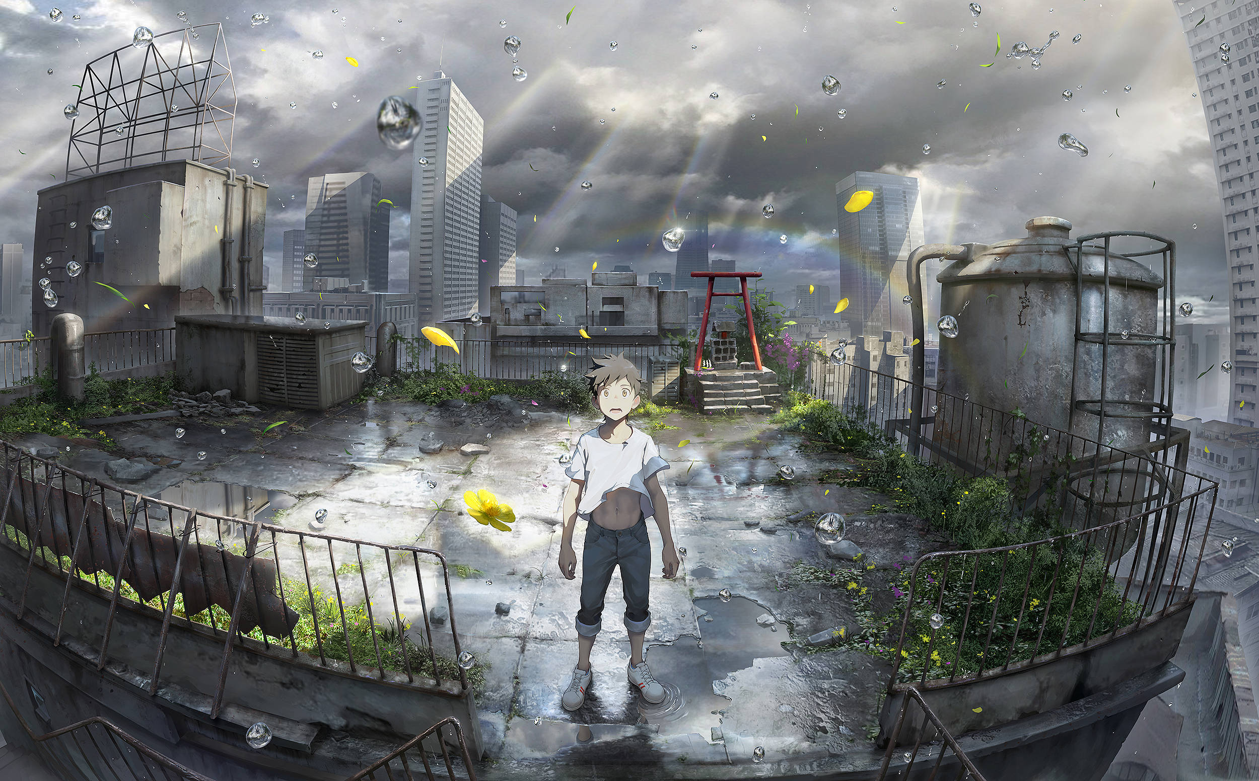 Weathering 桌布 壁紙 — 一個孤獨的動漫男孩站在被雨水打濕的城市屋頂上，周圍漂浮著氣泡和飄落的黃色花瓣，天空風雨交加。