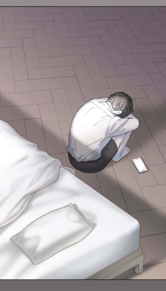 桌布 壁紙 — 一個孤獨的動漫男孩蜷縮在床邊的瓷磚地上，頭埋在膝蓋裡，手機被丟棄在附近。