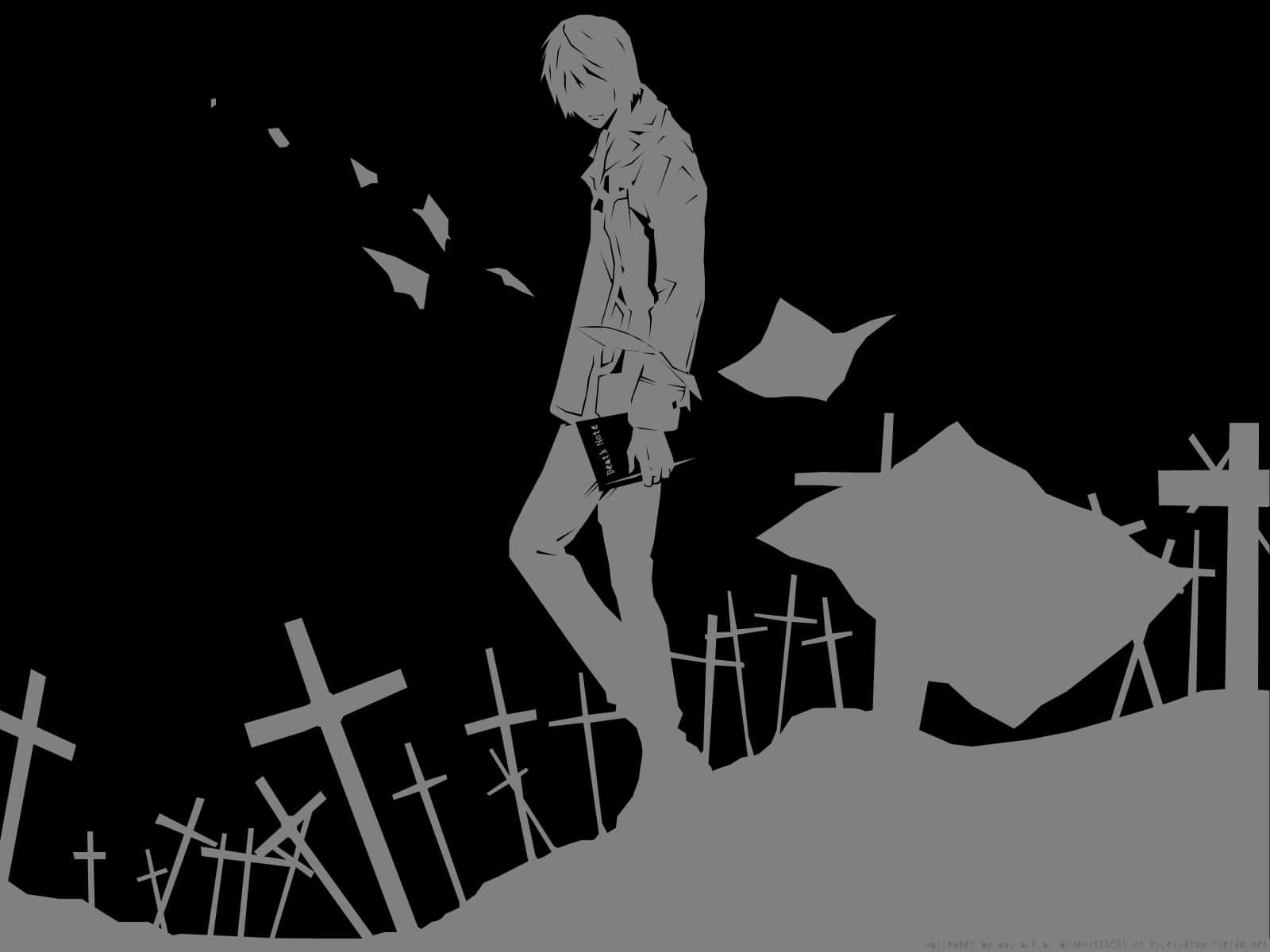 死亡筆記本 桌布 壁紙 — 一個孤獨的動漫男孩走過墓地，手持一本書，樹葉以單色調在他周圍飄動。