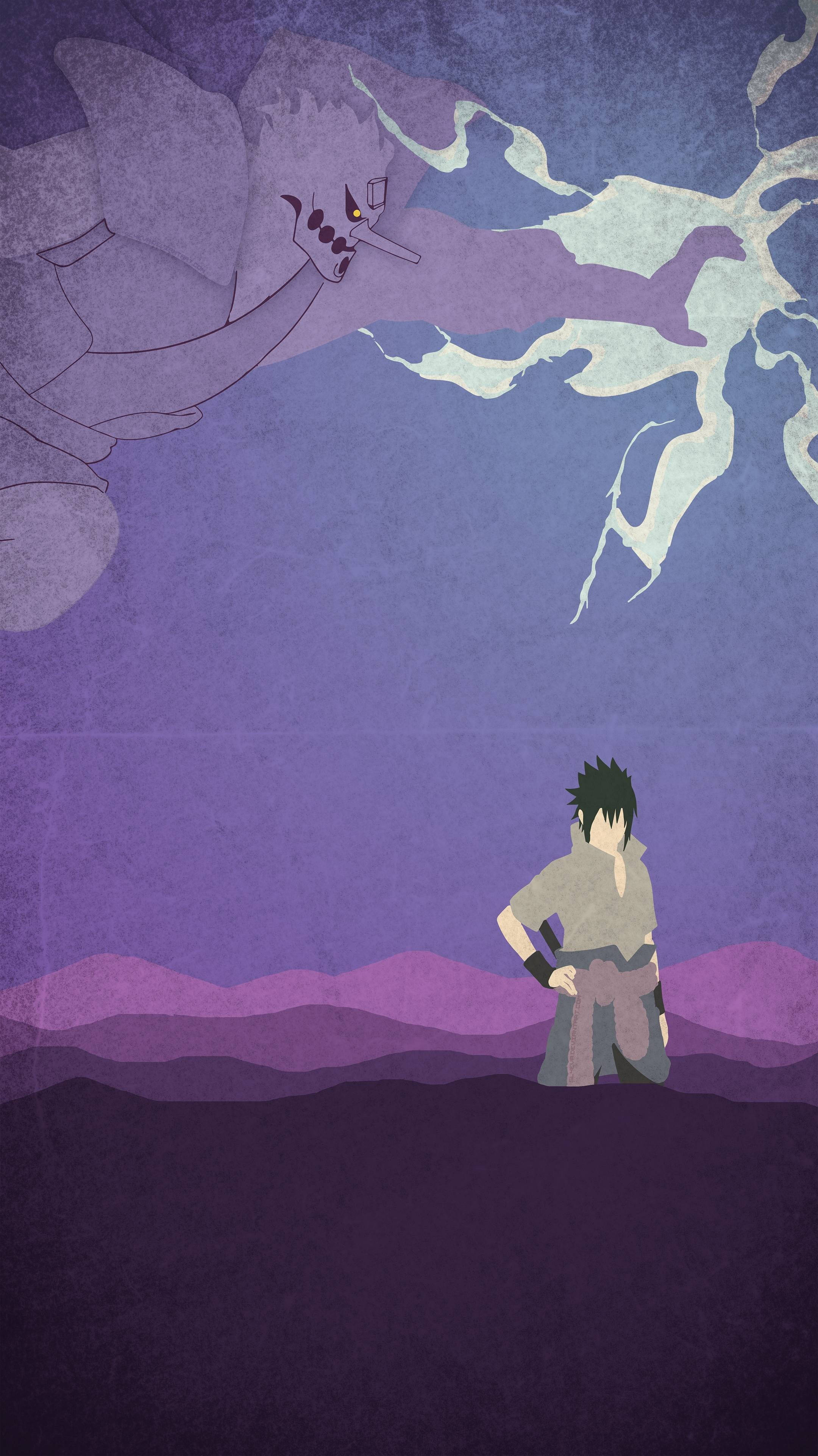 Sasuke Susanoo 桌布 壁紙 — 一個孤獨的動漫男孩跪在一個巨大的紫色惡魔面前，惡魔的眼睛發光，能量旋轉，背景是黃昏的天空。