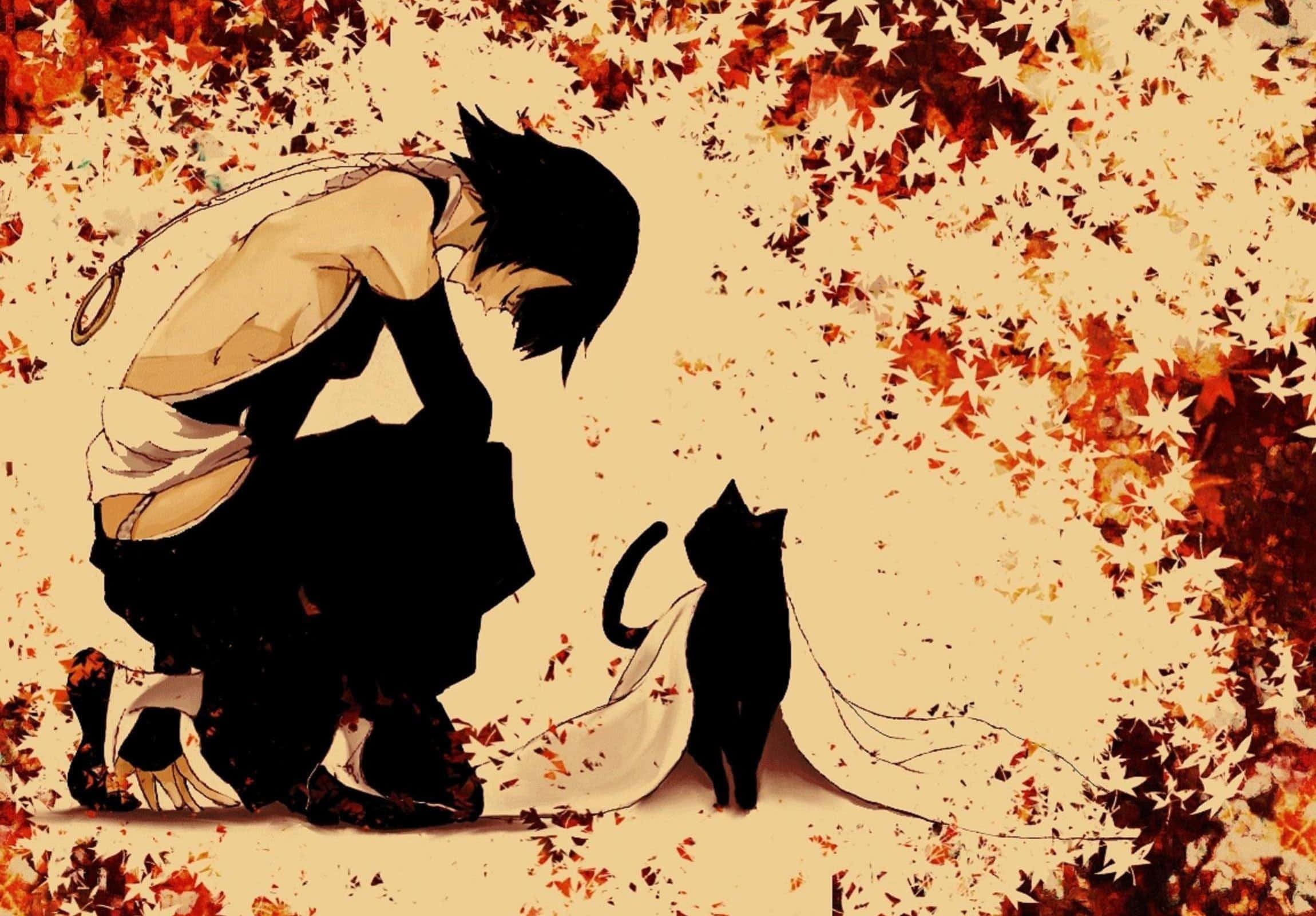 Yoruichi Shihoin 桌布 壁紙 — 一個孤獨的動漫男孩跪在一隻黑貓旁邊，秋葉在溫暖的金色薄霧中旋轉。