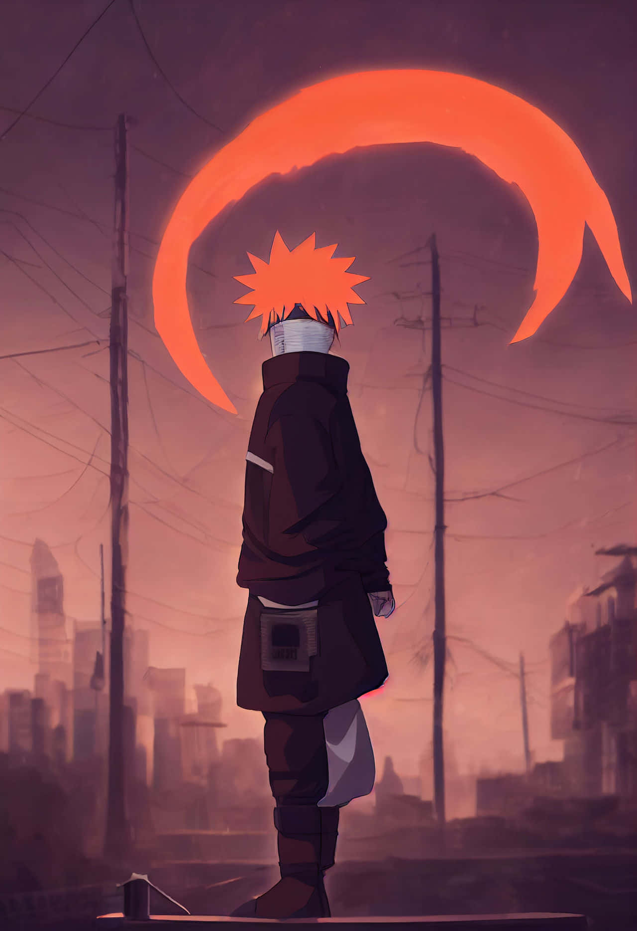 Sad Aesthetic Naruto 桌布 壁紙 — 一個孤獨的動漫角色，擁有尖刺的橙色頭髮，在朦朧的城市景觀上方，以發光的橙色新月為背景，呈現剪影。