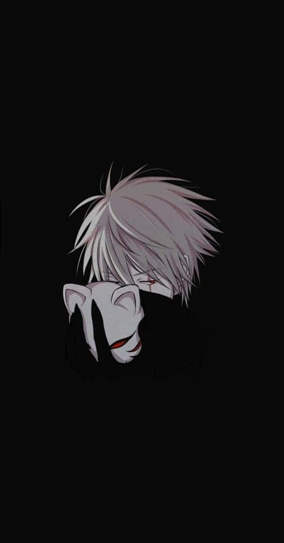 Dark Anime Boy 桌布 壁紙 — 一個孤獨的動漫角色，有著尖刺般的白髮和白色面具，在純黑背景前隱藏著臉龐。