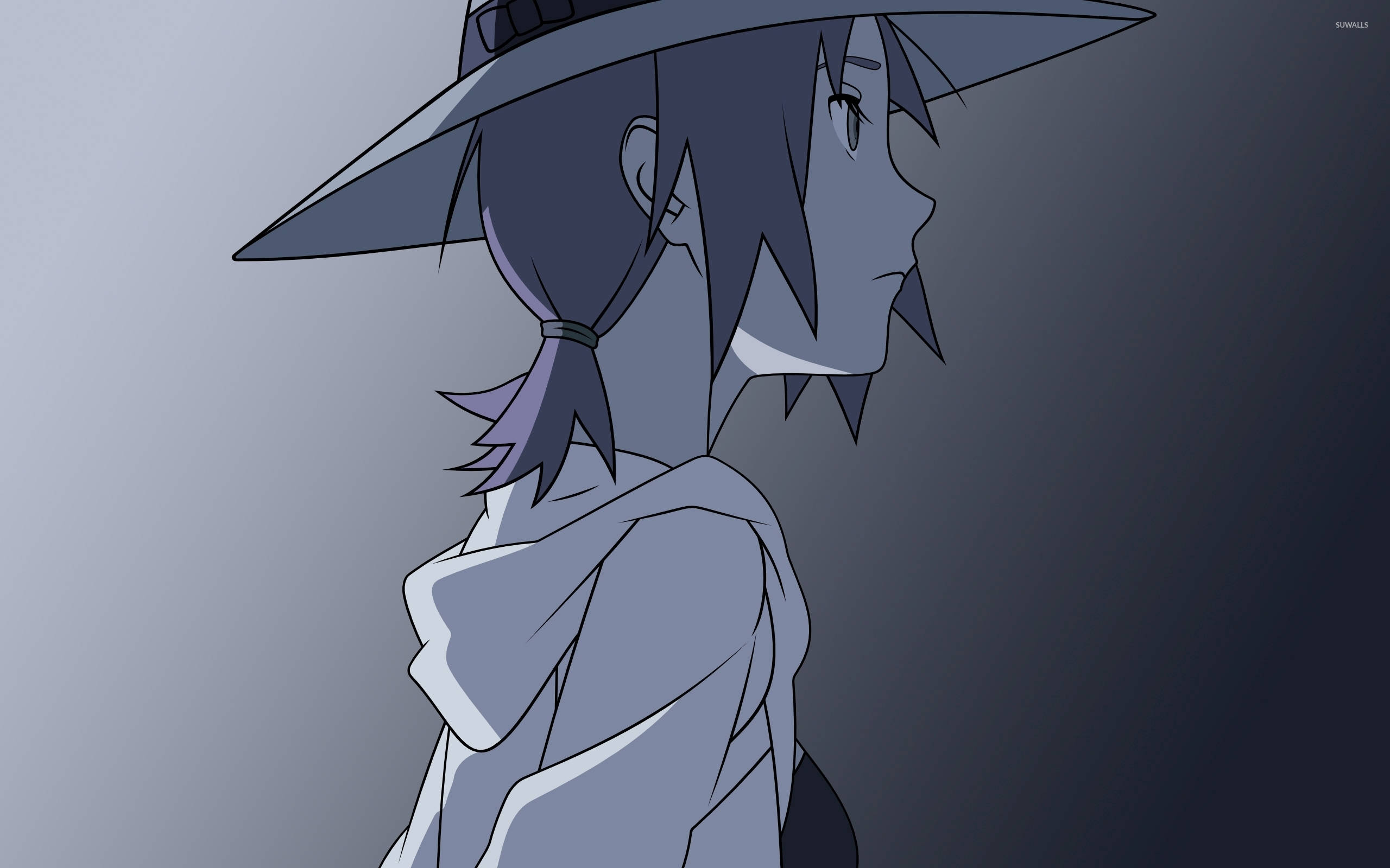 Sakura Haruno 桌布 壁紙 — 一個孤獨的動漫角色，深色頭髮，戴著寬邊帽，在漸變灰色背景上側視。