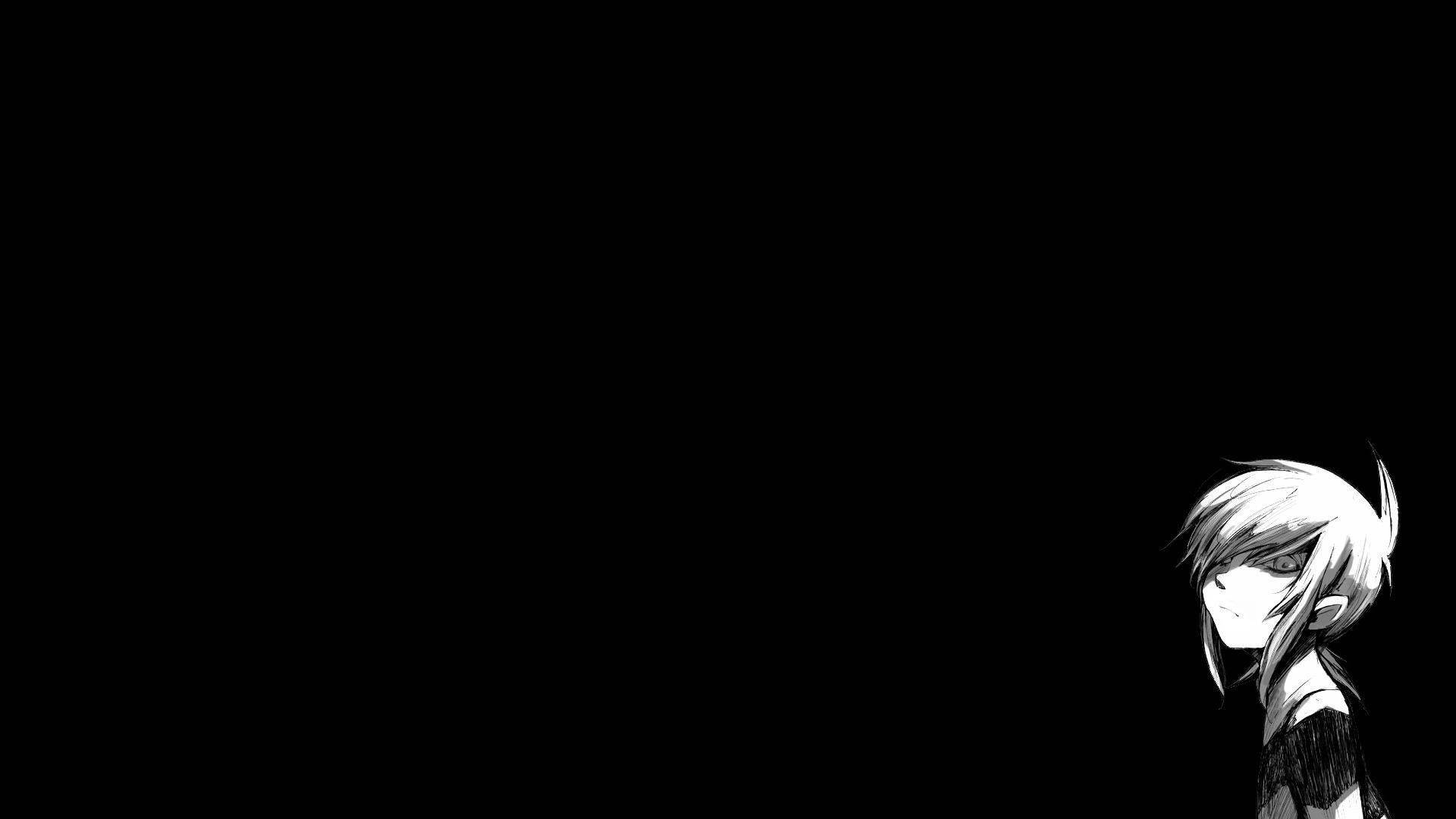 黑色動畫gif 桌布 壁紙 — 一個孤獨的動漫角色，白髮，帶著微妙微笑，在虛無般的背景下以鮮明的黑白呈現。