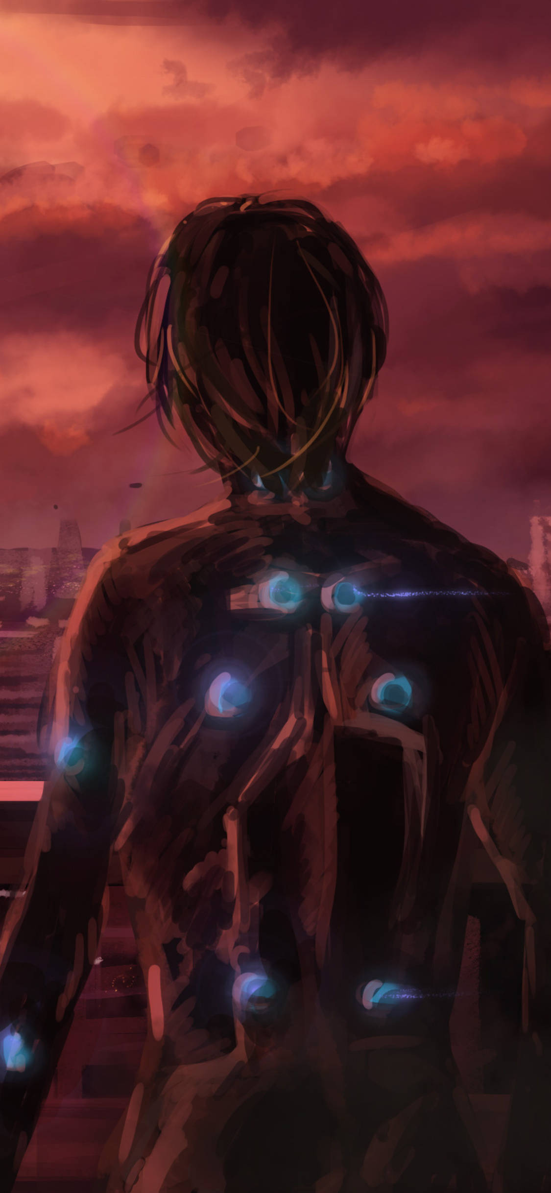 Gantz 桌布 壁紙 — 一個孤獨的動漫角色，背上帶有發光的藍色節點，站在火紅橙色的日落天空前。