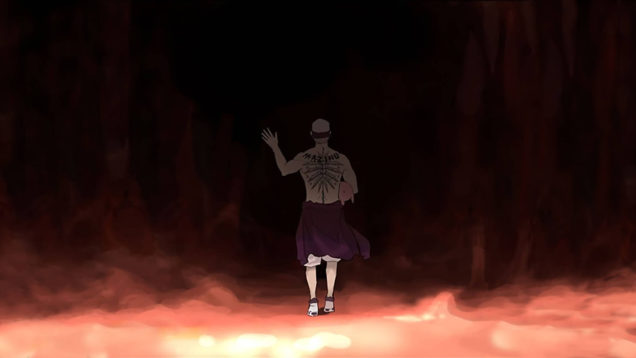 Tower Of God 桌布 壁紙 — 一個孤獨的動漫角色，背部有刺青，走過一個熾熱的洞穴，舉起一隻手，發光的餘燼在他們的腳周圍旋轉。