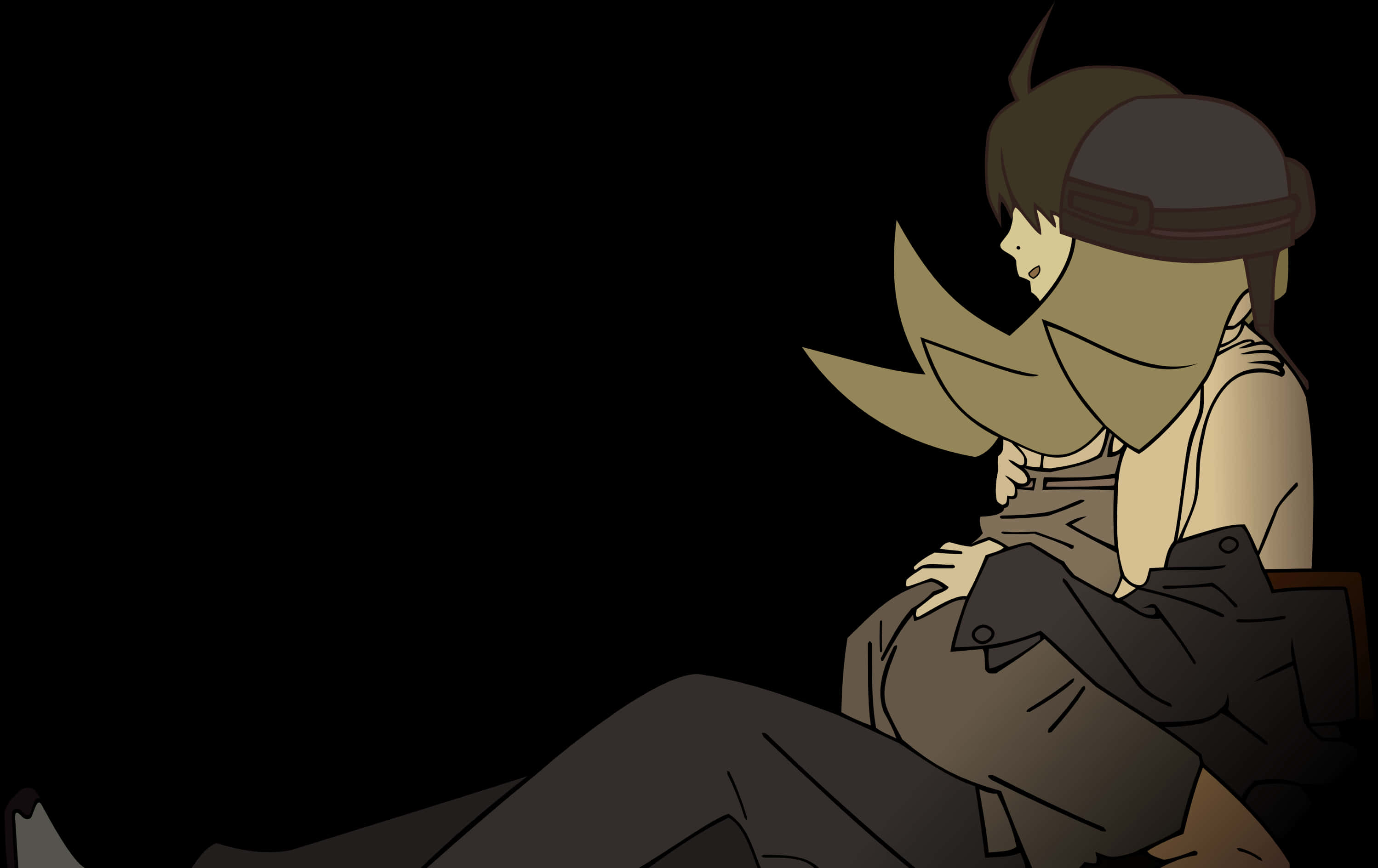 Shinobu 桌布 壁紙 — 一個孤獨的動漫角色，長著狐狸耳朵，蜷縮在黑暗中，被側面柔和的光線照亮。