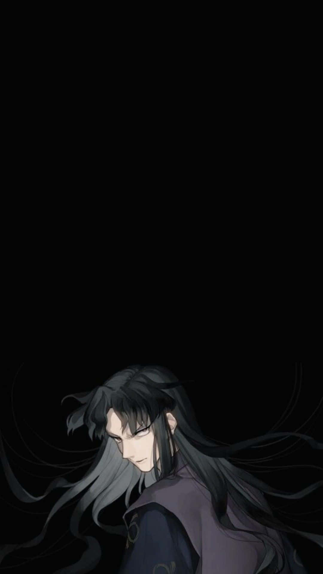 Naraku 桌布 壁紙 — 一個孤獨的動漫角色，長長的黑髮和紫色長袍，站在純黑背景前，雙眼半閉，靜靜沉思。