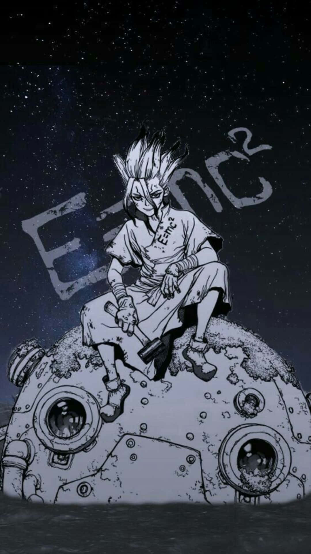 Dr Stone 桌布 壁紙 — 一個孤獨的動漫角色，頭髮尖刺，坐在一艘失事的太空船上，背景是星空夜空。