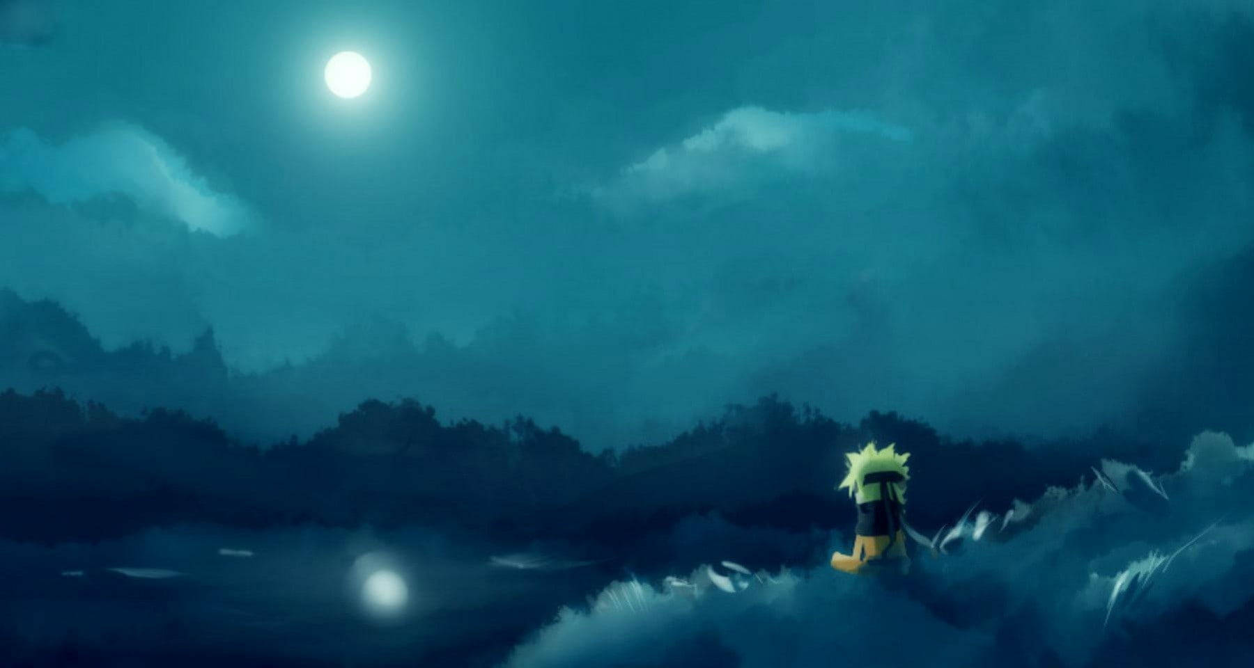 Sad Naruto 桌布 壁紙 — 一個孤獨的動漫角色，頭髮尖刺，坐在波濤之上，在明亮的月光下，一幅憂鬱的藍綠色海洋場景。