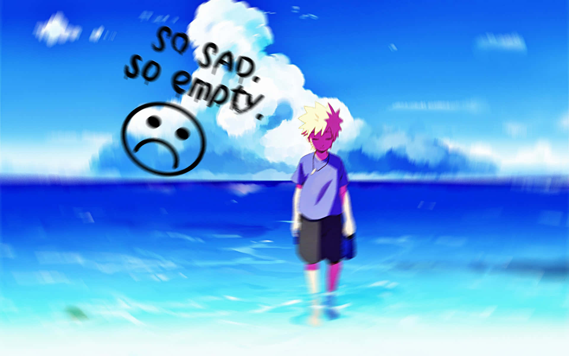 Naruto Alone 桌布 壁紙 — 一個孤獨的動漫角色，頭髮尖刺，站在淺海水中，頭頂是明亮的藍天，表情悲傷，附近漂浮著文字。