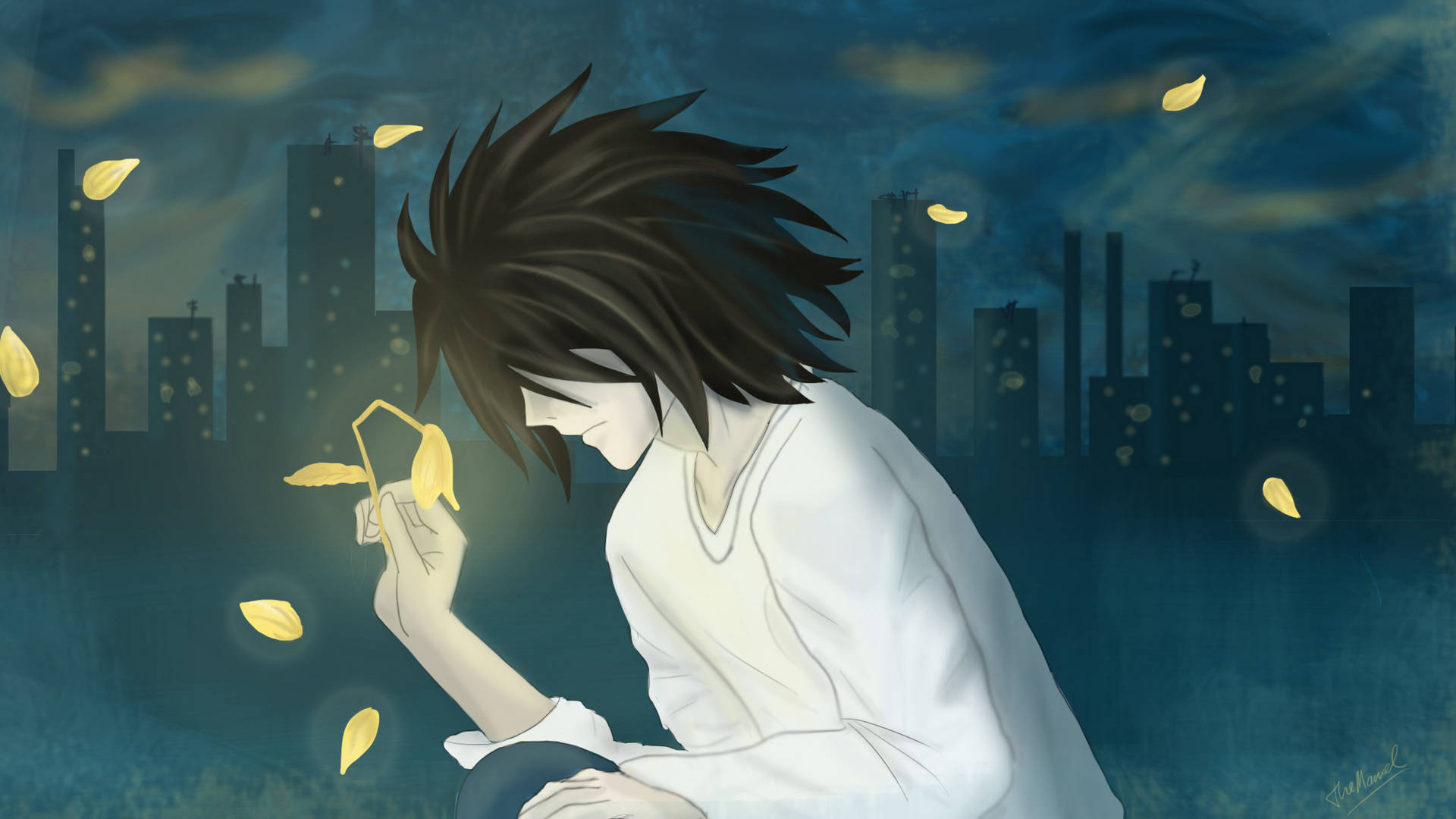 死亡筆記本 桌布 壁紙 — 一個孤獨的動漫角色，頭髮尖尖，坐在夜晚的城市景觀中，輕輕地捧著發光的黃色葉子，映襯著憂鬱的藍色天空。