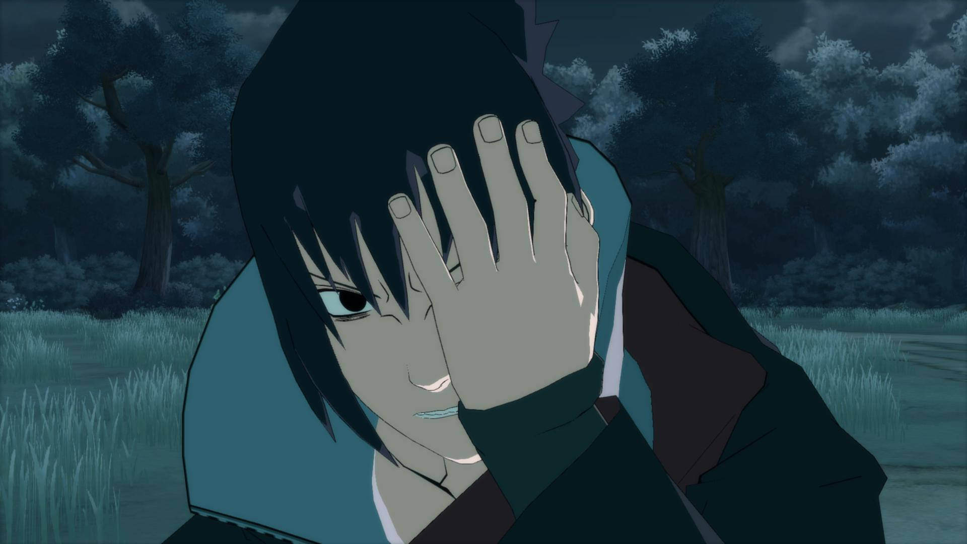 Sasuke 4K 桌布 壁紙 — 一個孤獨的動漫角色，黑髮遮住半邊臉，在昏暗的森林夜晚，眼睛閃爍著內心的掙扎。
