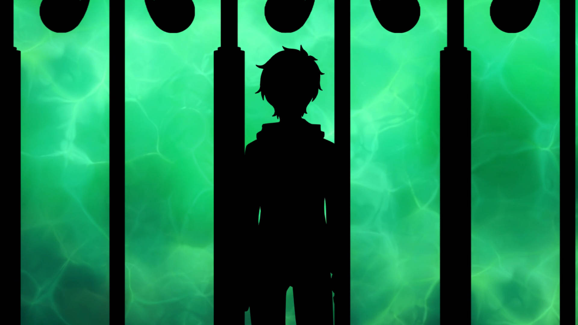 Tower Of God 桌布 壁紙 — 一個孤獨的動漫角色剪影站在垂直的欄杆後面，背景是發光的綠色水景。