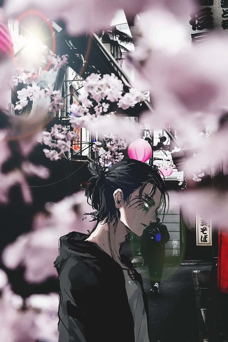 進擊的巨人 桌布 壁紙 — 一個孤獨的動漫角色在夜晚霓虹燈照亮的日本小巷中，站在盛開的櫻花樹下。