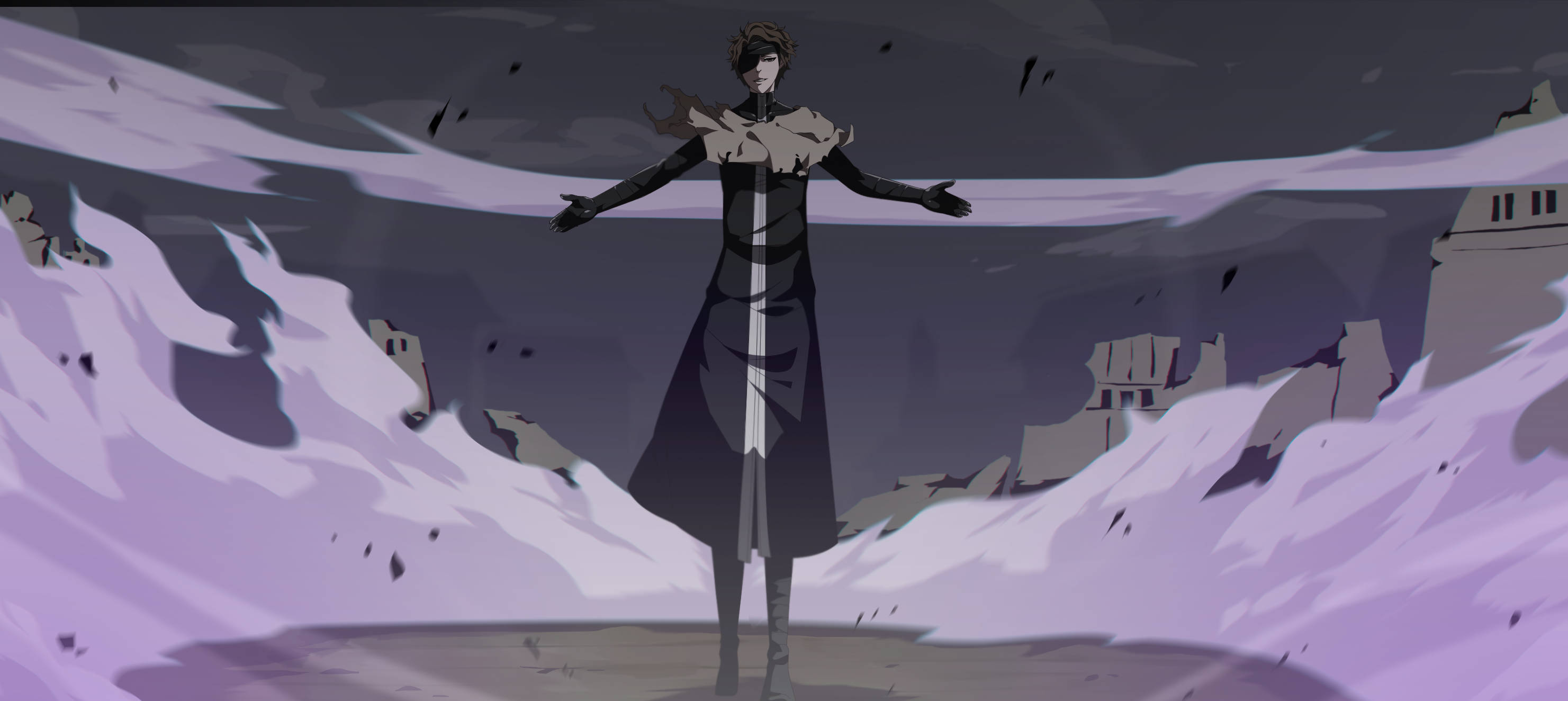 Aizen 桌布 壁紙 — 一個孤獨的動漫角色在風暴天空下，於荒涼的紫色雪景中張開雙臂站立。