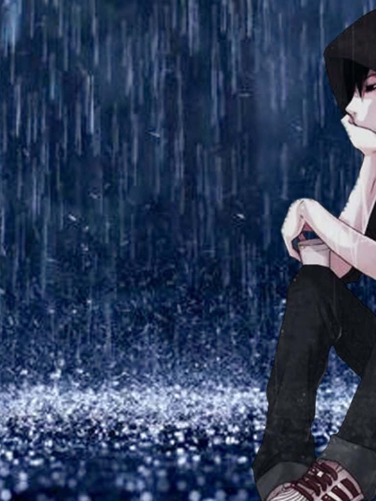 Cute Boy Anime 桌布 壁紙 — 一個孤獨的動漫角色坐在雨中，拉起帽子，雙手緊握，深藍色的雨絲在周圍落下。