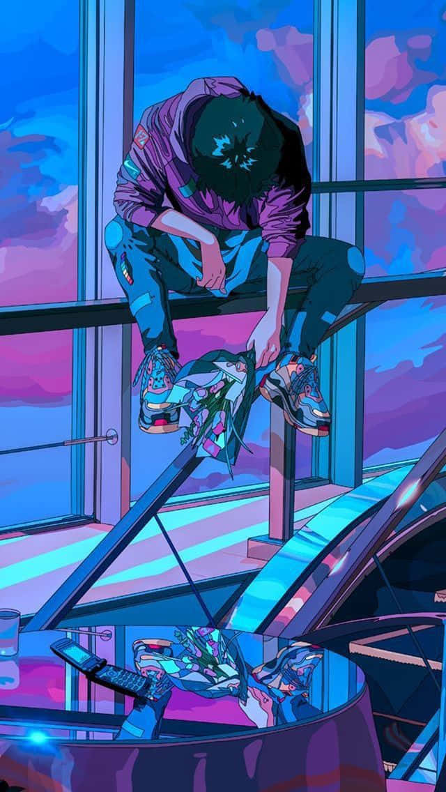 桌布 壁紙 — 一個孤獨的動漫角色坐在霓虹燈照亮的都市環境中的玻璃欄杆上，凝視著充滿活力的暮色天空。