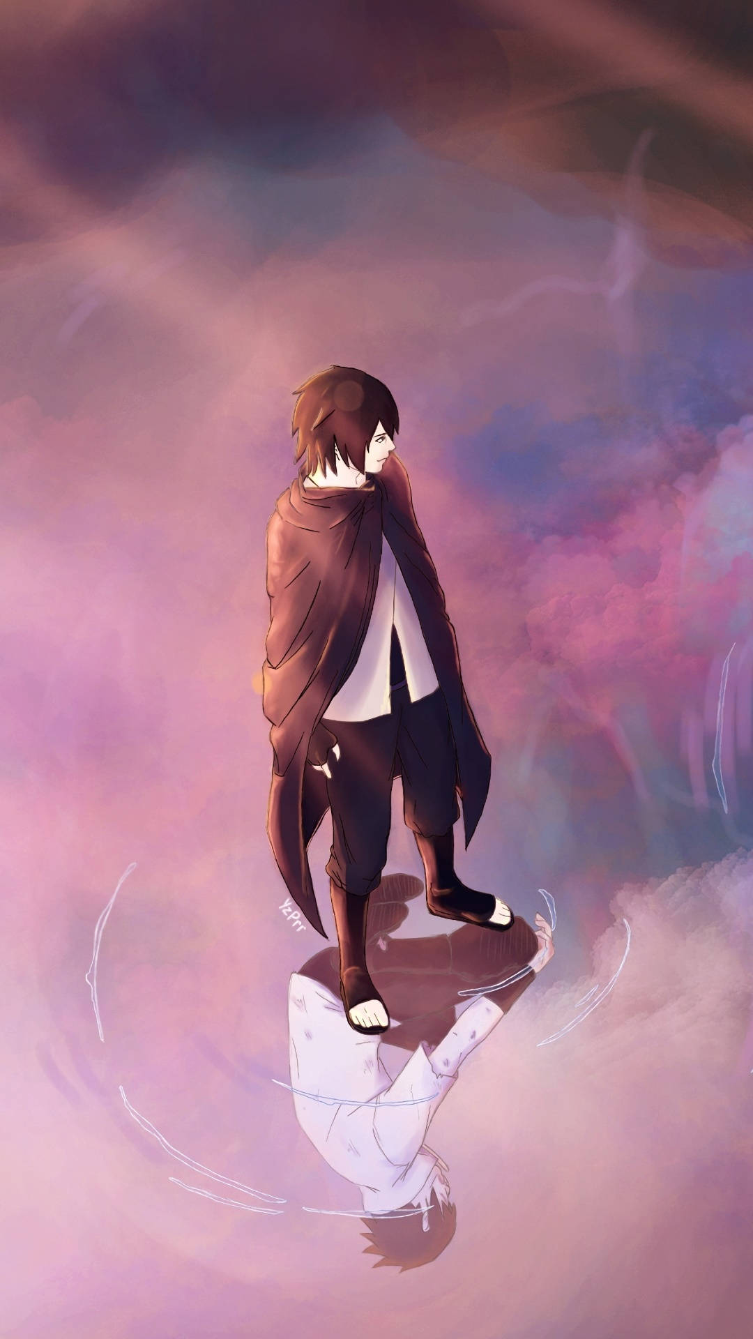 sasuke uchiha 桌布 壁紙 — 一個孤獨的動漫角色穿著棕色斗篷，站在旋轉的粉紅色雲朵上，下方有鏡像倒影。