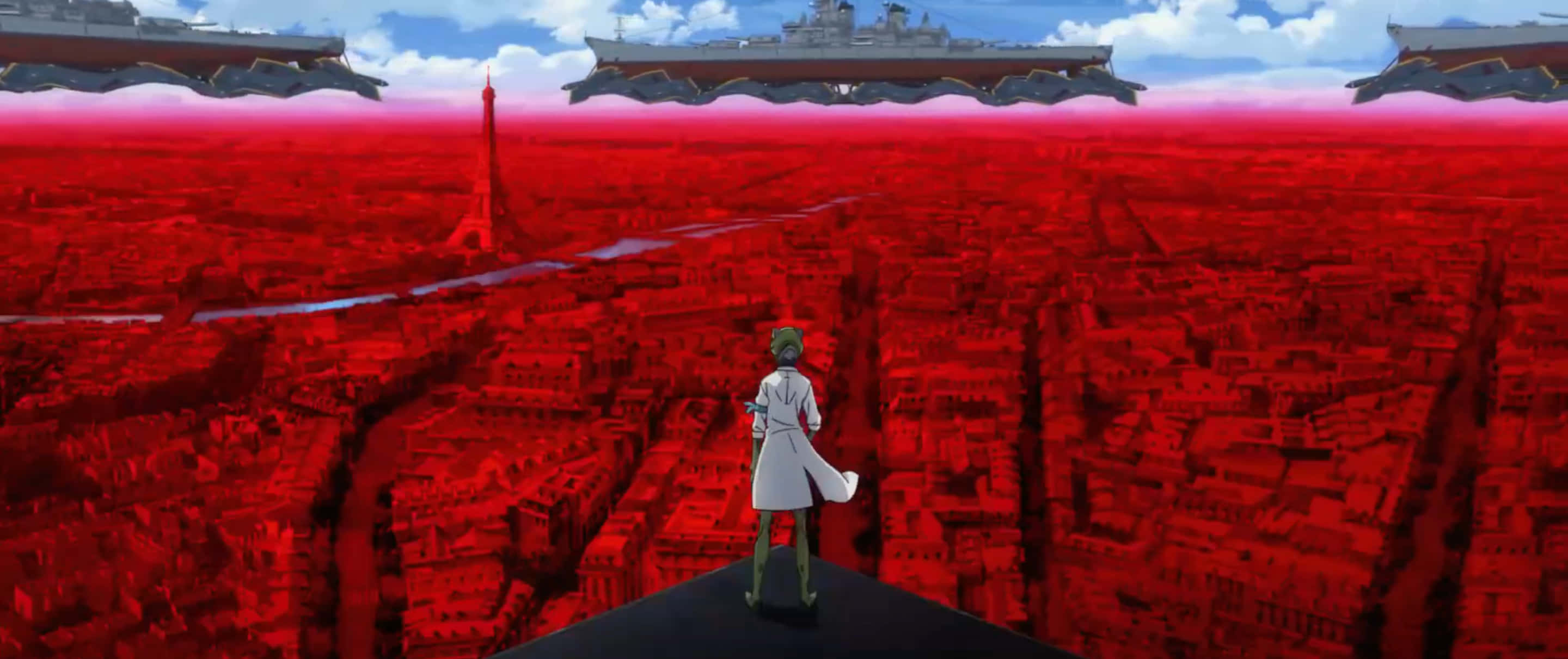 Evangelion 30 10 桌布 壁紙 — 一個孤獨的動漫角色穿著白色外套站在懸崖頂上，俯瞰著染上紅色的巴黎天際線，上方漂浮著戰艦。