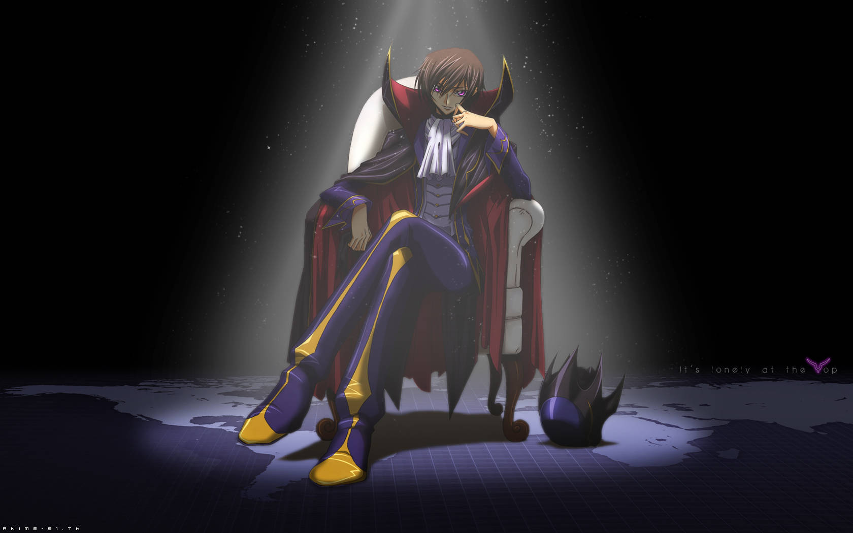 Lelouch 桌布 壁紙 — 一個孤獨的動漫角色穿著紫色和紅色外套，在聚光燈下坐在寶座上，背景是黑暗的星空。