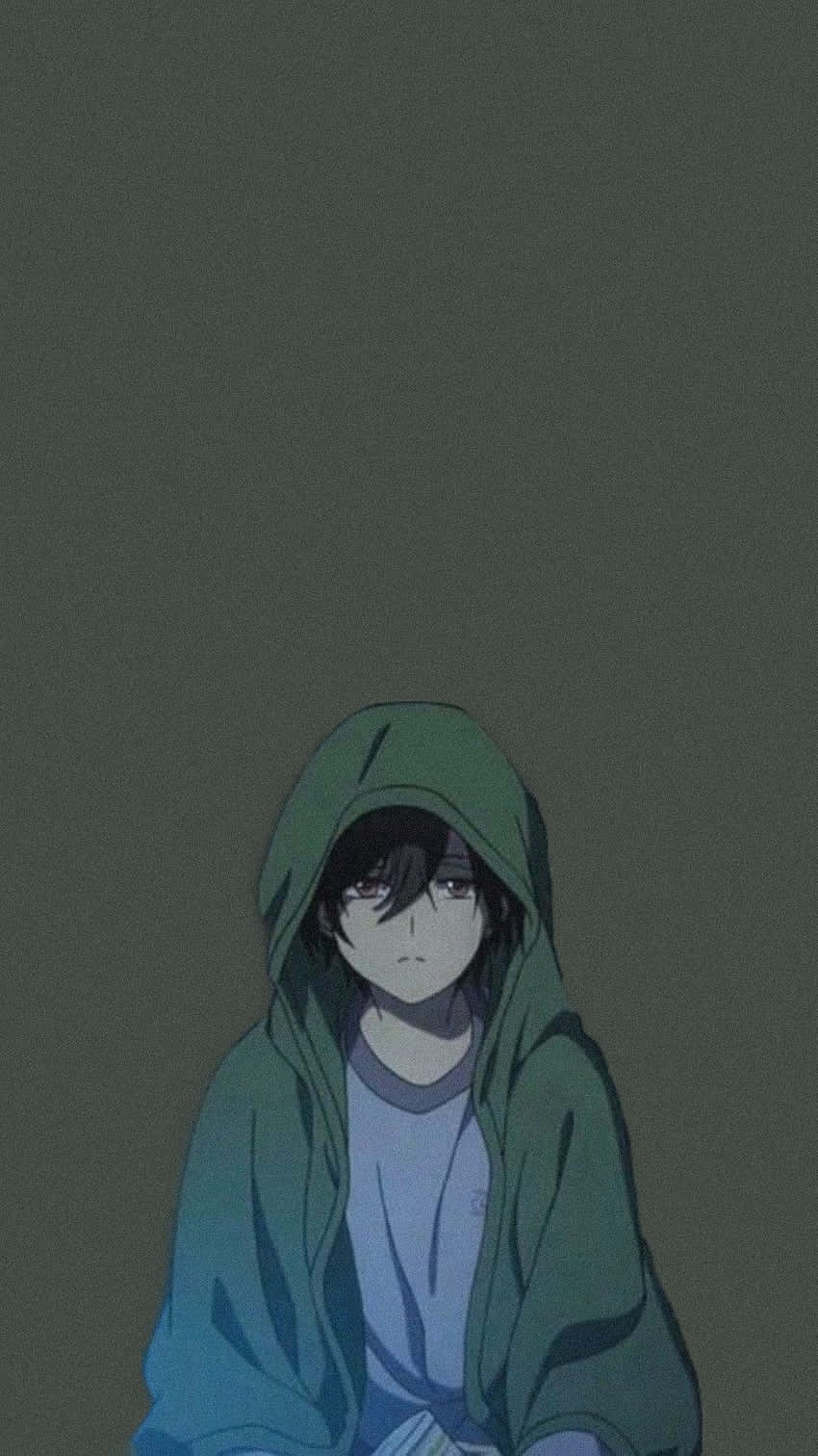 Bored 桌布 壁紙 — 一個孤獨的動漫角色穿著綠色連帽衫，坐在柔和的灰色背景前，表情憂鬱。