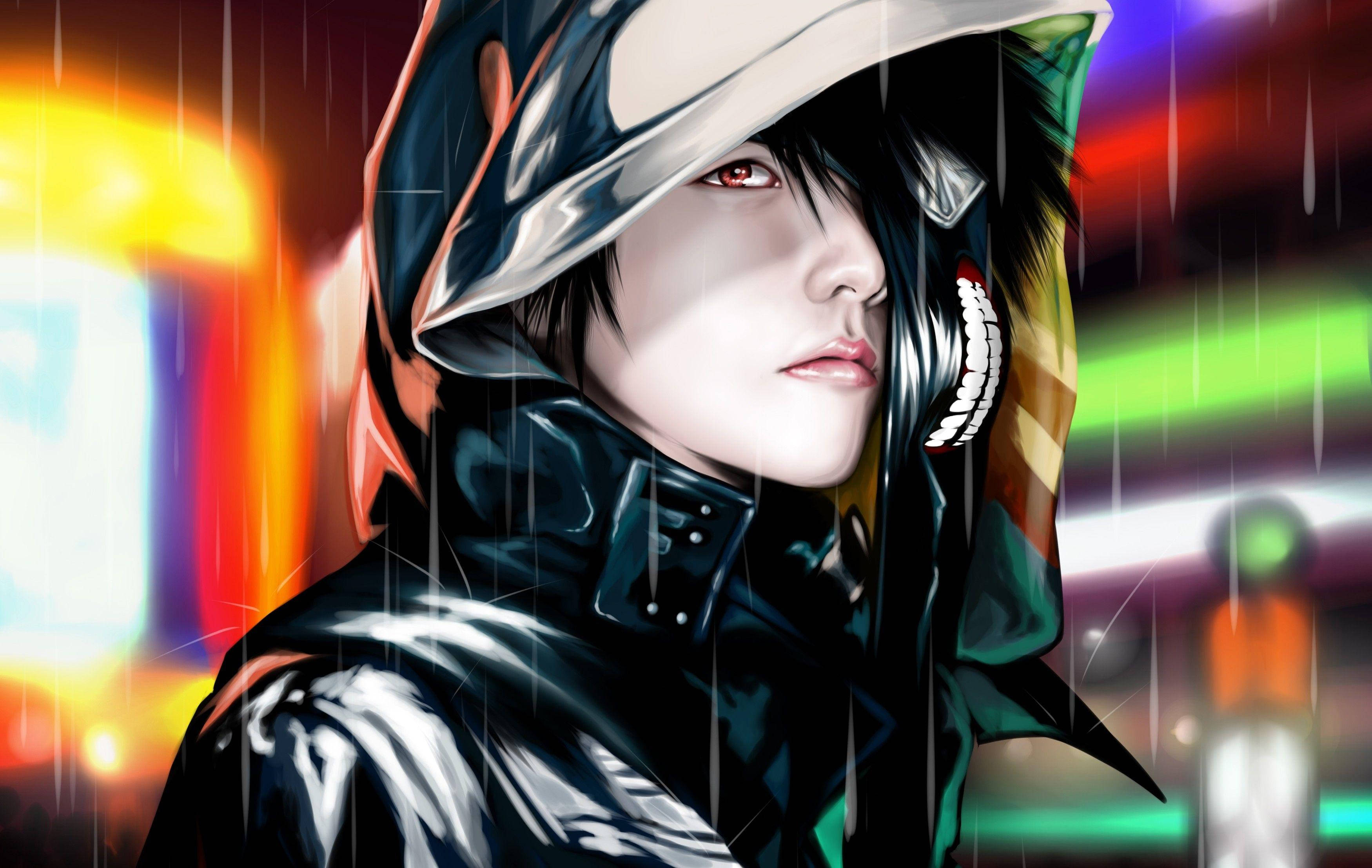 男孩 桌布 壁紙 — 一個孤獨的動漫角色穿著連帽雨衣，站在霓虹燈下，雨水在賽博龐克城市景觀中傾瀉而下。