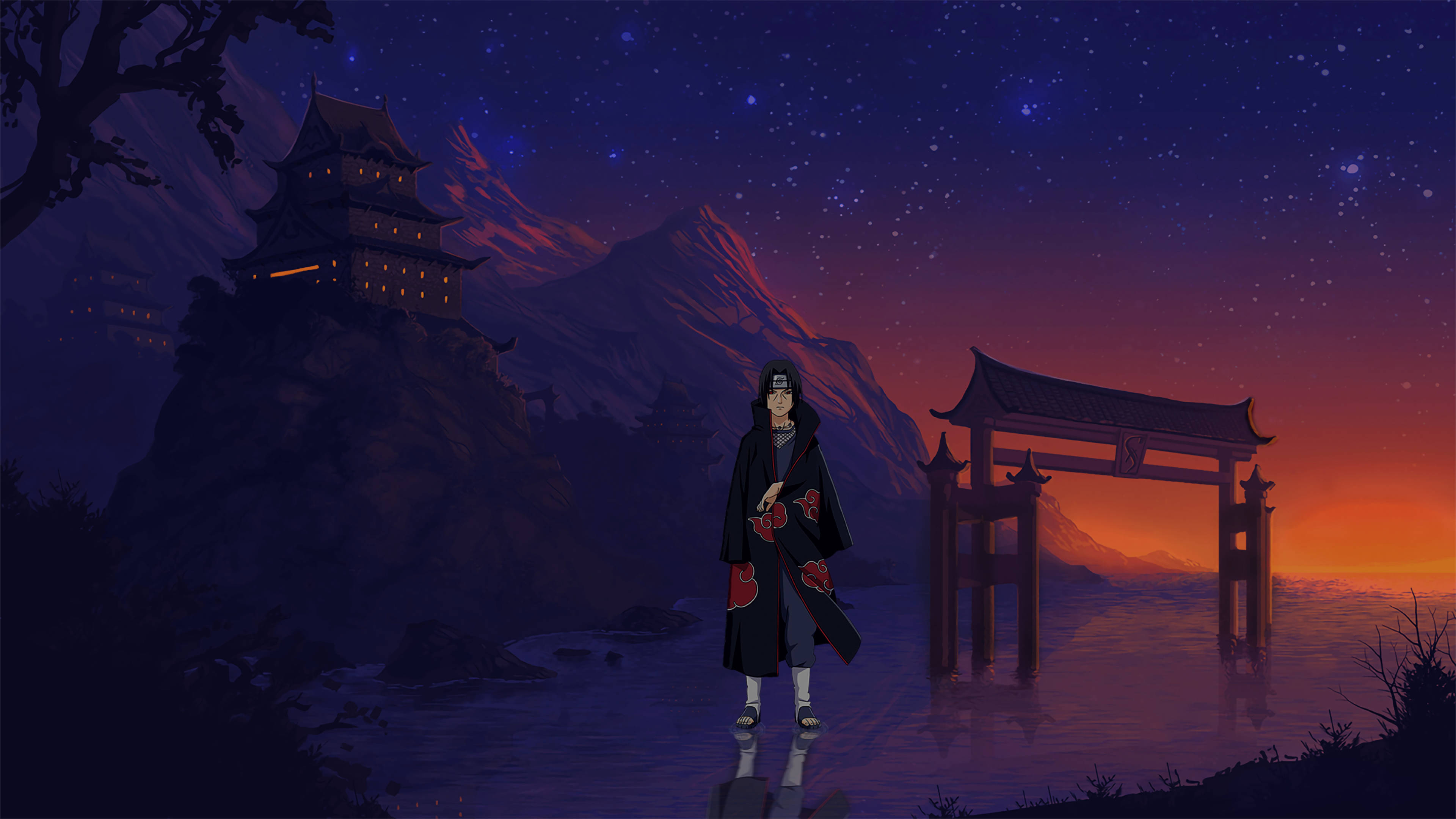 Anime Scenery 4K 桌布 壁紙 — 一個孤獨的動漫角色穿著黑色斗篷，在黃昏時分站在鳥居前，背後有星空和山寺閃耀。