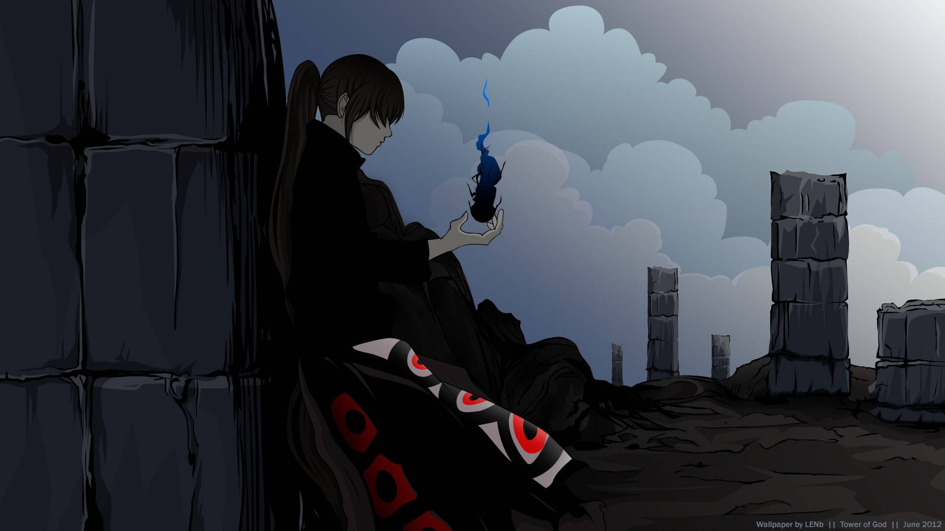Tower Of God 桌布 壁紙 — 一個孤獨的動漫角色穿著黑色長袍，坐在石頭廢墟旁，在陰天中手持發光的藍色球體。
