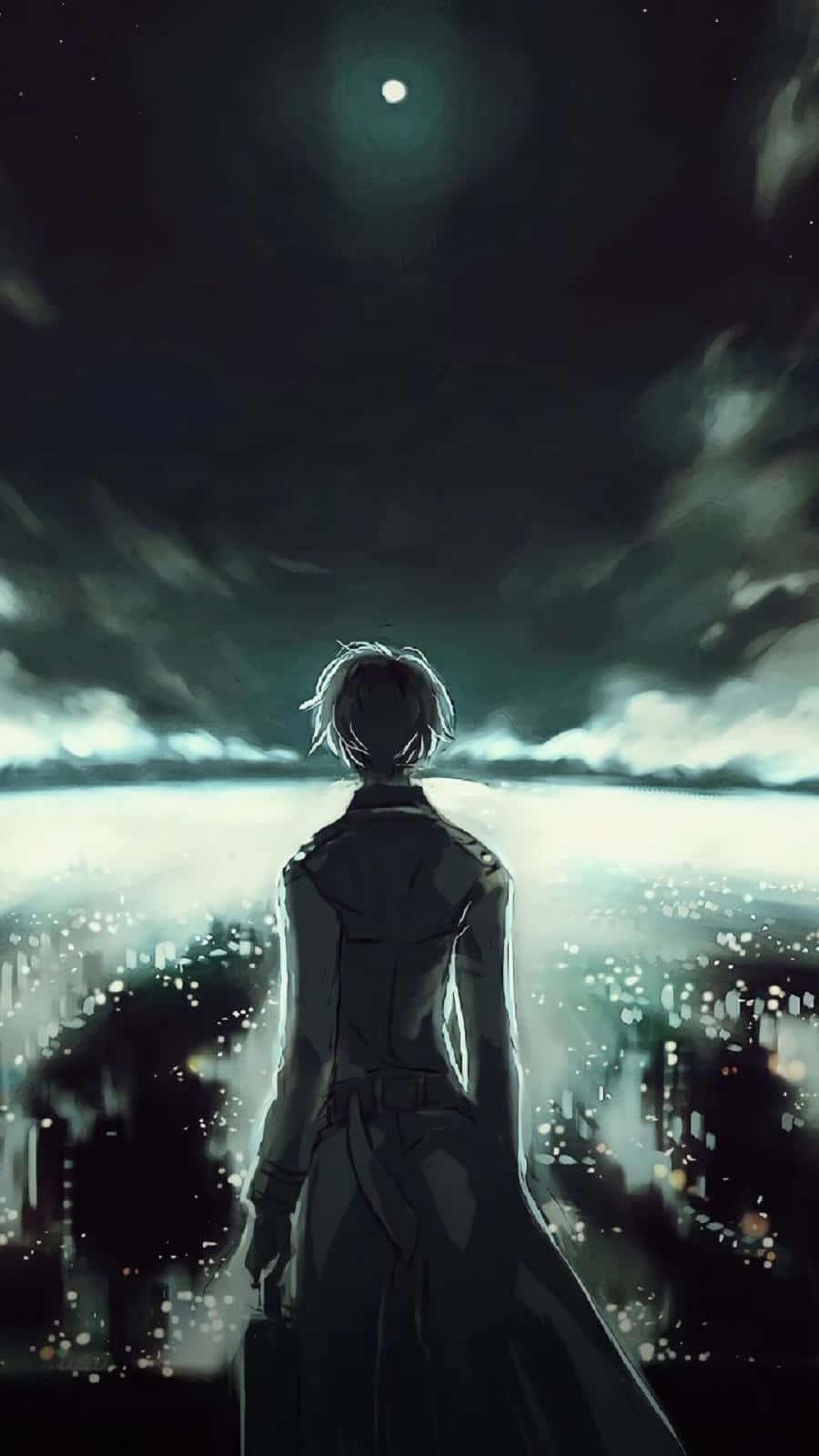 Kureo Mado 桌布 壁紙 — 一個孤獨的動漫角色站在懸崖上，俯瞰著月光下雲霧繚繞的發光城市。