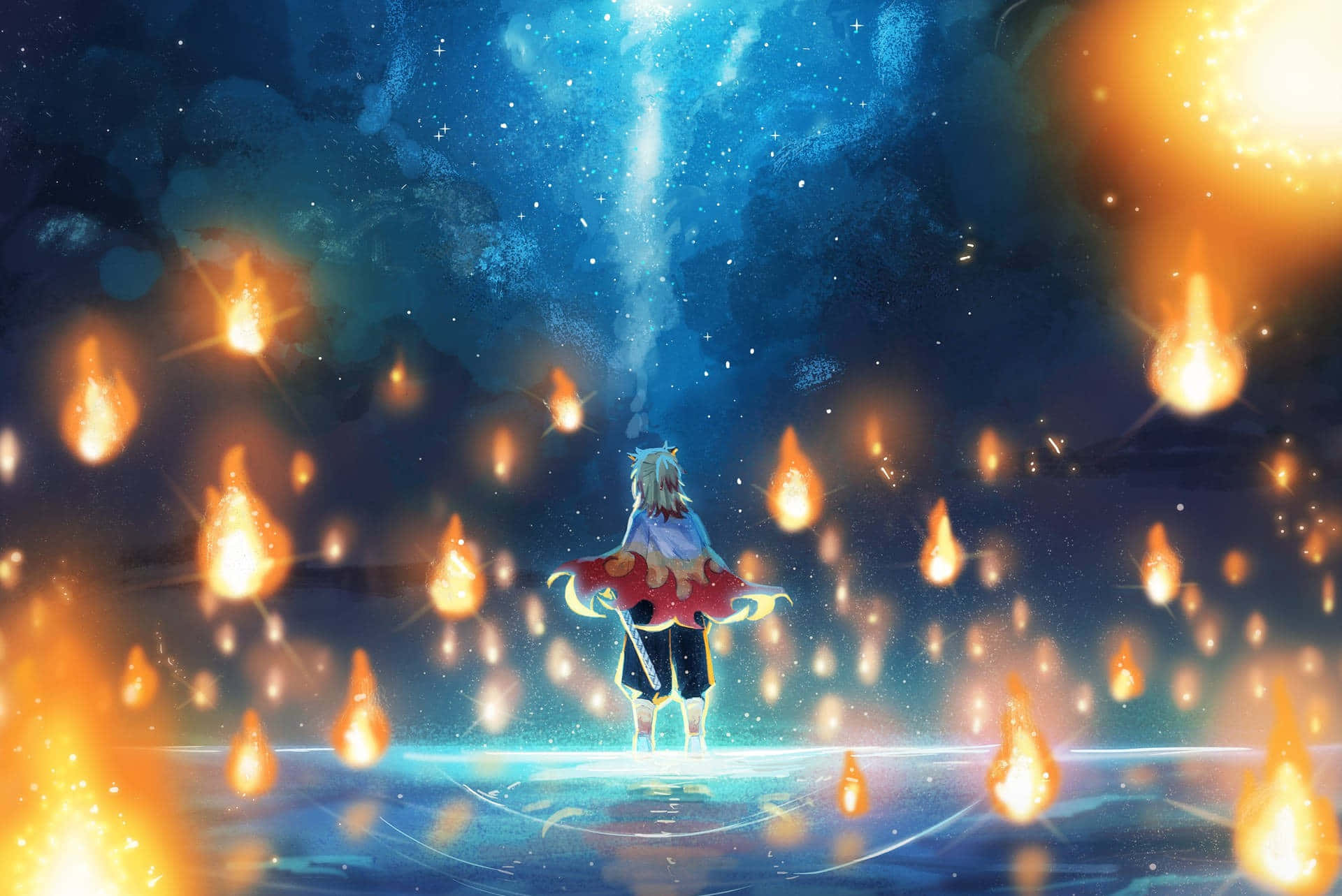 Rengoku Aesthetic 桌布 壁紙 — 一個孤獨的動漫角色站在星空下發光的水中，周圍環繞著漂浮的火焰。