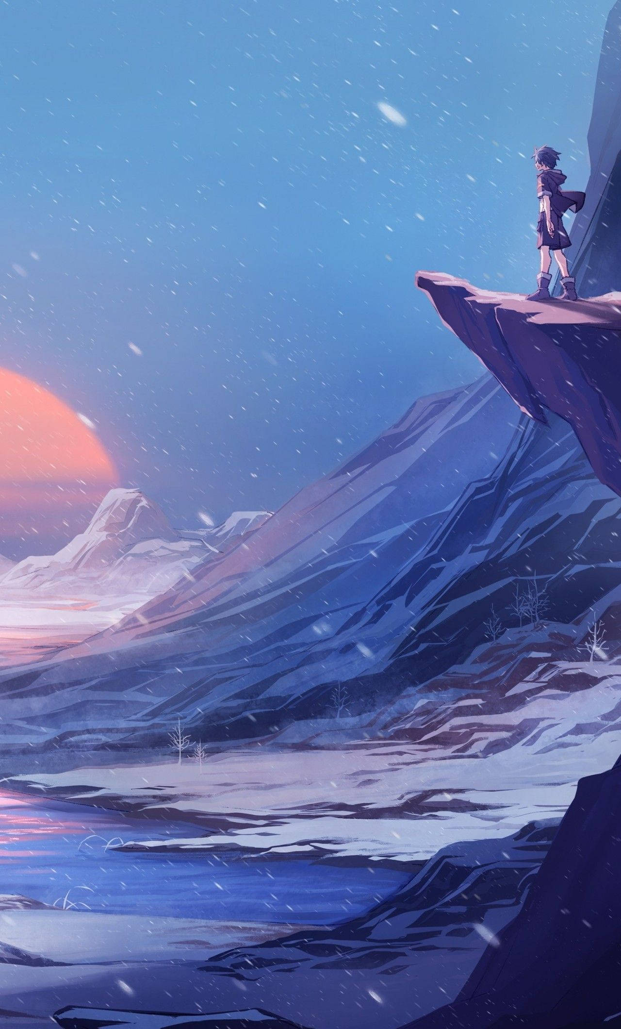 Aesthetic Anime Phone 桌布 壁紙 — 一個孤獨的動漫角色站在白雪覆蓋的懸崖上，俯瞰著廣闊的山谷，夕陽西下，雪花飄落。