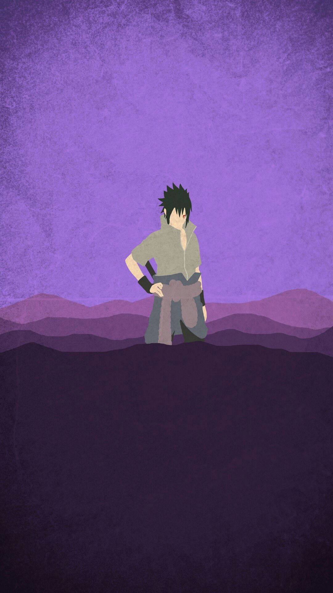 Aesthetic Naruto 桌布 壁紙 — 一個孤獨的動漫角色站在紫色山脈頂端，天空呈現紋理感的紫羅蘭色。