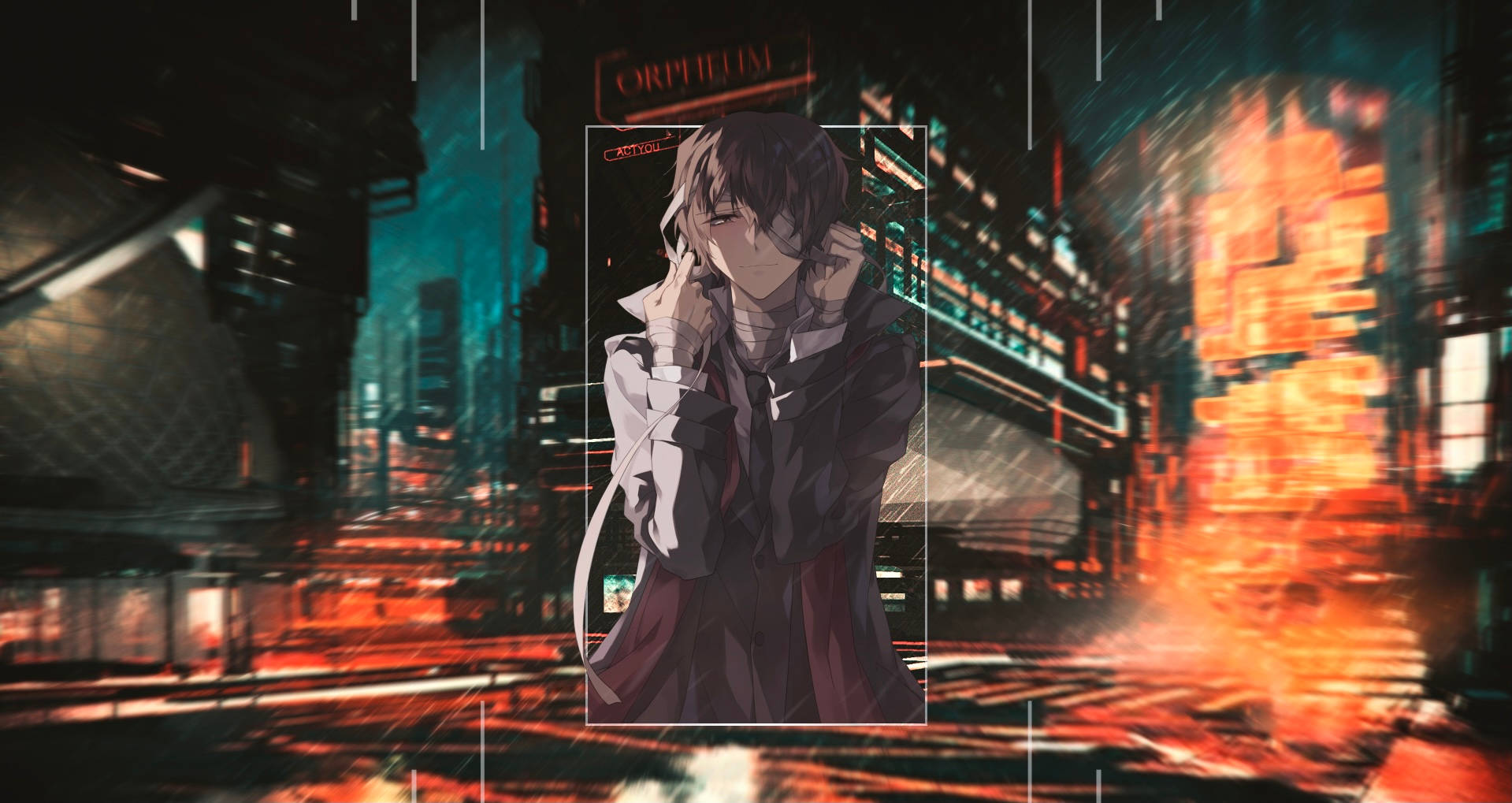 Dazai 桌布 壁紙 — 一個孤獨的動漫角色站在霓虹燈閃爍、光線流動、高樓林立的賽博龐克城市景觀中。