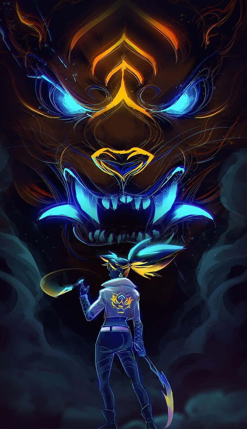 龍 桌布 壁紙 — 一個孤獨的動漫角色站在黑暗宇宙場景中，面對一個巨大發光的藍色和橙色惡魔面孔。