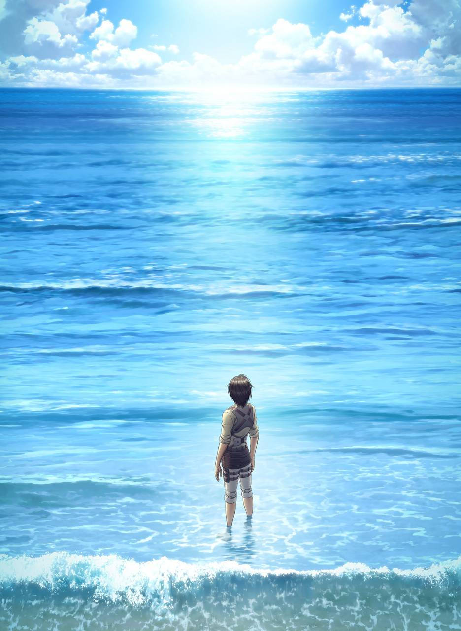 Attack On Titan iPhone 桌布 壁紙 — 一個孤獨的動漫角色赤腳站在淺淺的海浪中，頭頂是明亮的太陽和蓬鬆的雲朵。