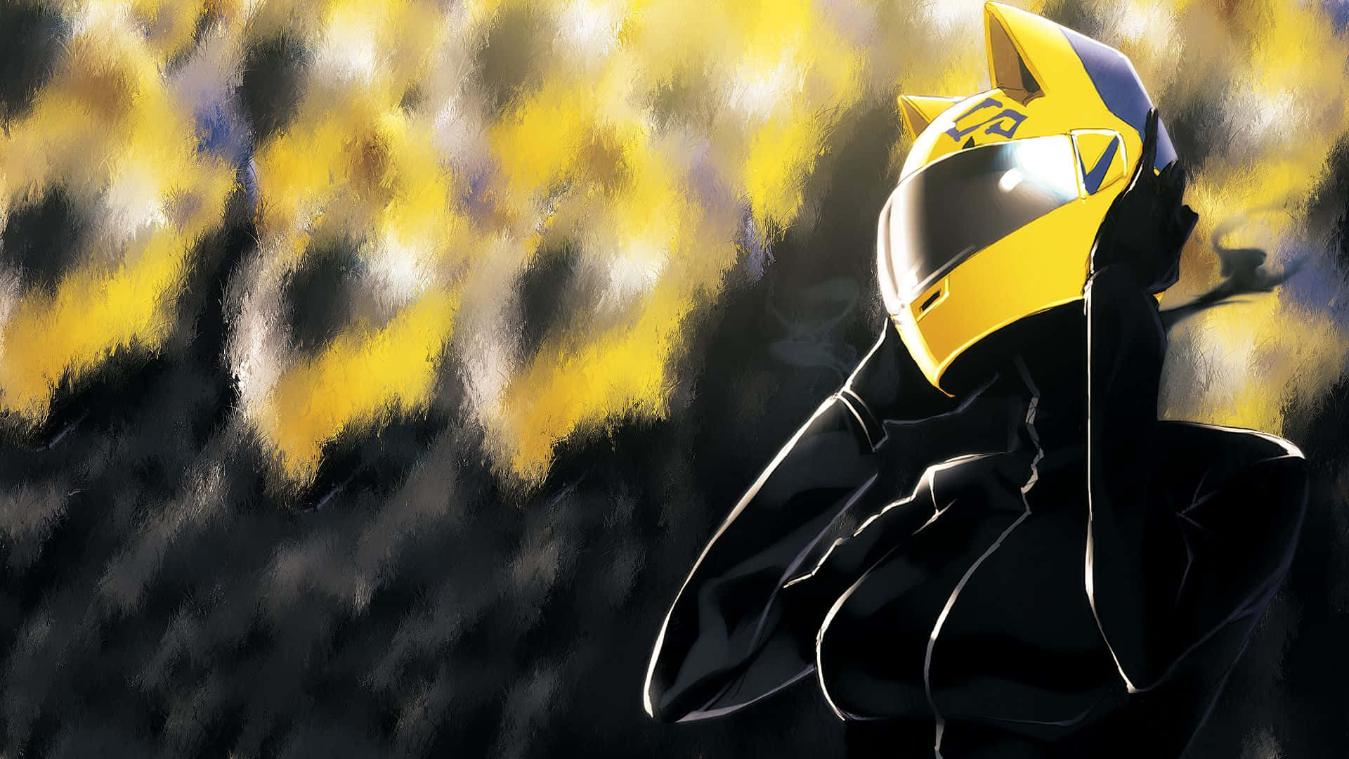 Celty Sturluson 桌布 壁紙 — 一個孤獨的動漫賽車手戴著黃色頭盔，站在充滿活力的黃色和黑色抽象背景前。