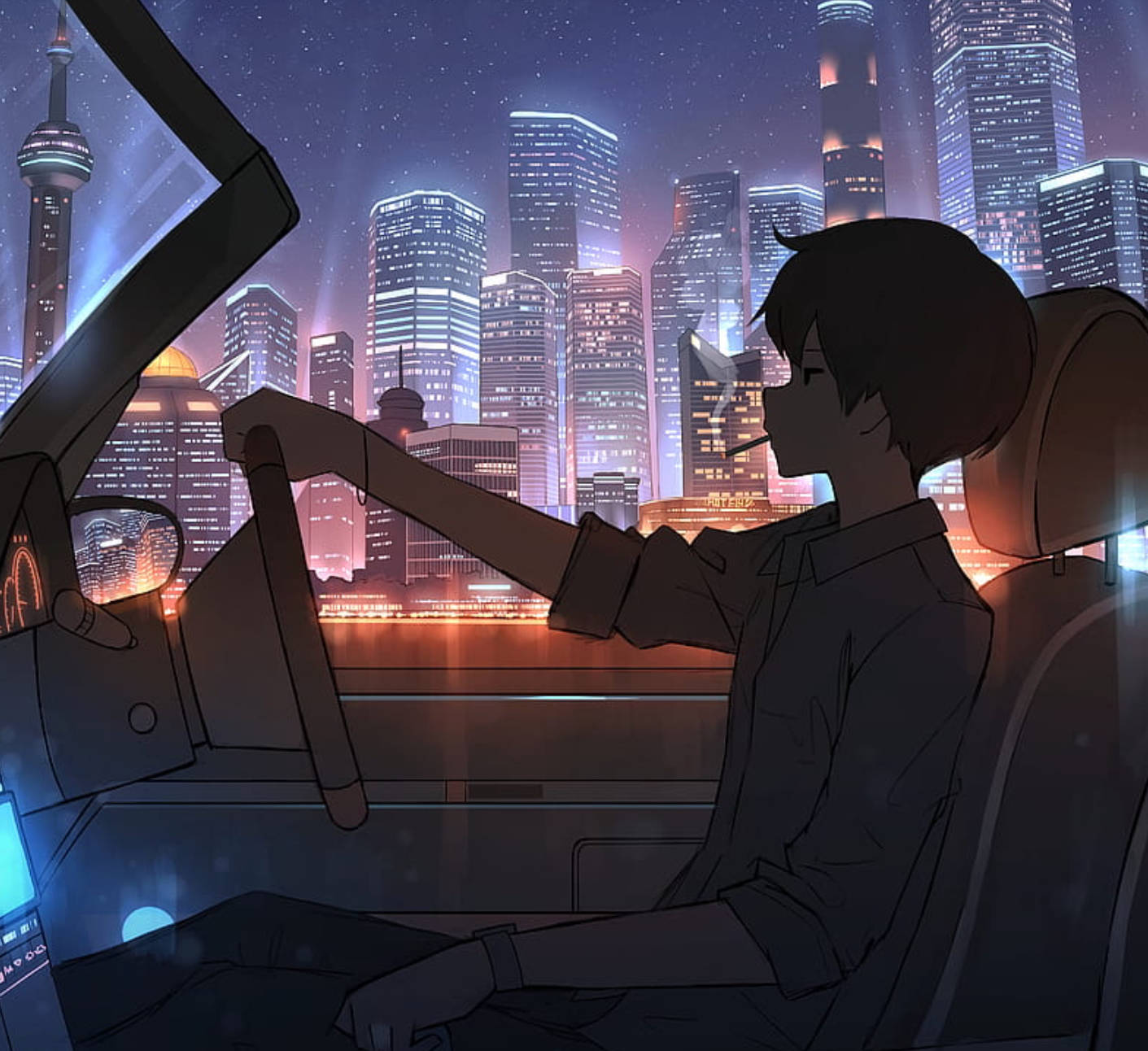4K 桌布 壁紙 — 一個孤獨的動漫青少年在夜晚駕駛敞篷車穿過霓虹燈閃爍的城市景觀時吸煙。