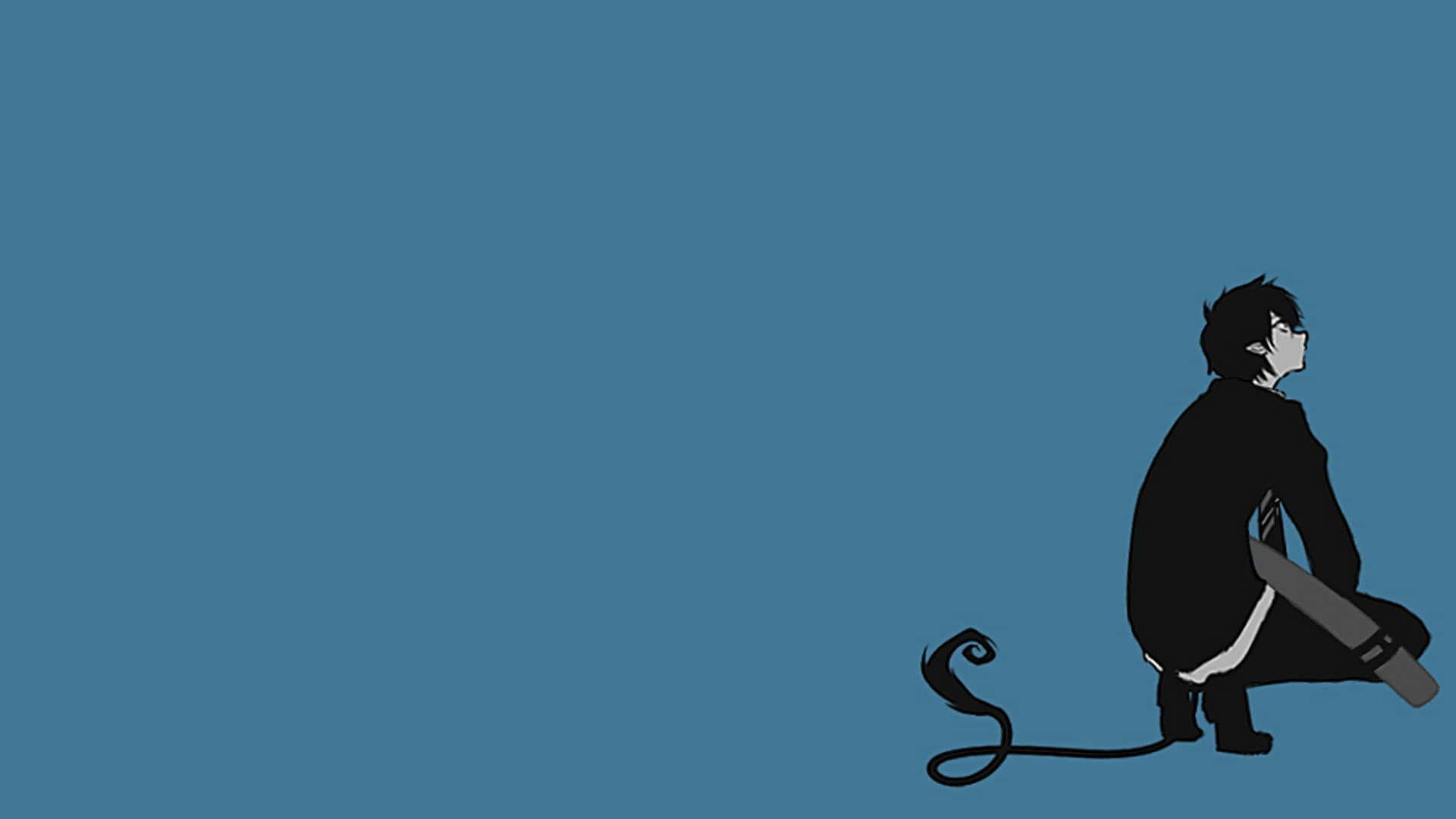 Anime Minimalist 桌布 壁紙 — 一個孤獨的動漫風格人物，長著長尾巴，側面坐在純藍色背景前。