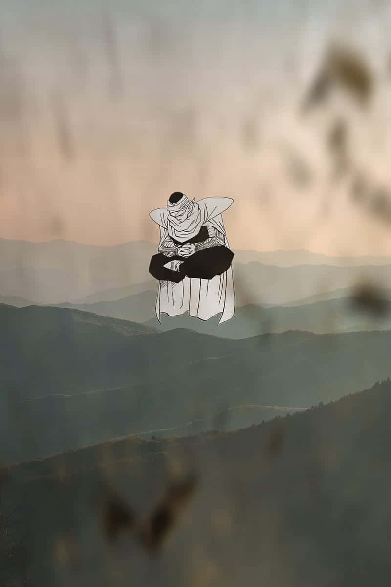 Namek 桌布 壁紙 — 一個孤獨的動漫風格人物穿著白色長袍，在黃昏時分靜靜地漂浮在層層疊疊的山脈之上。