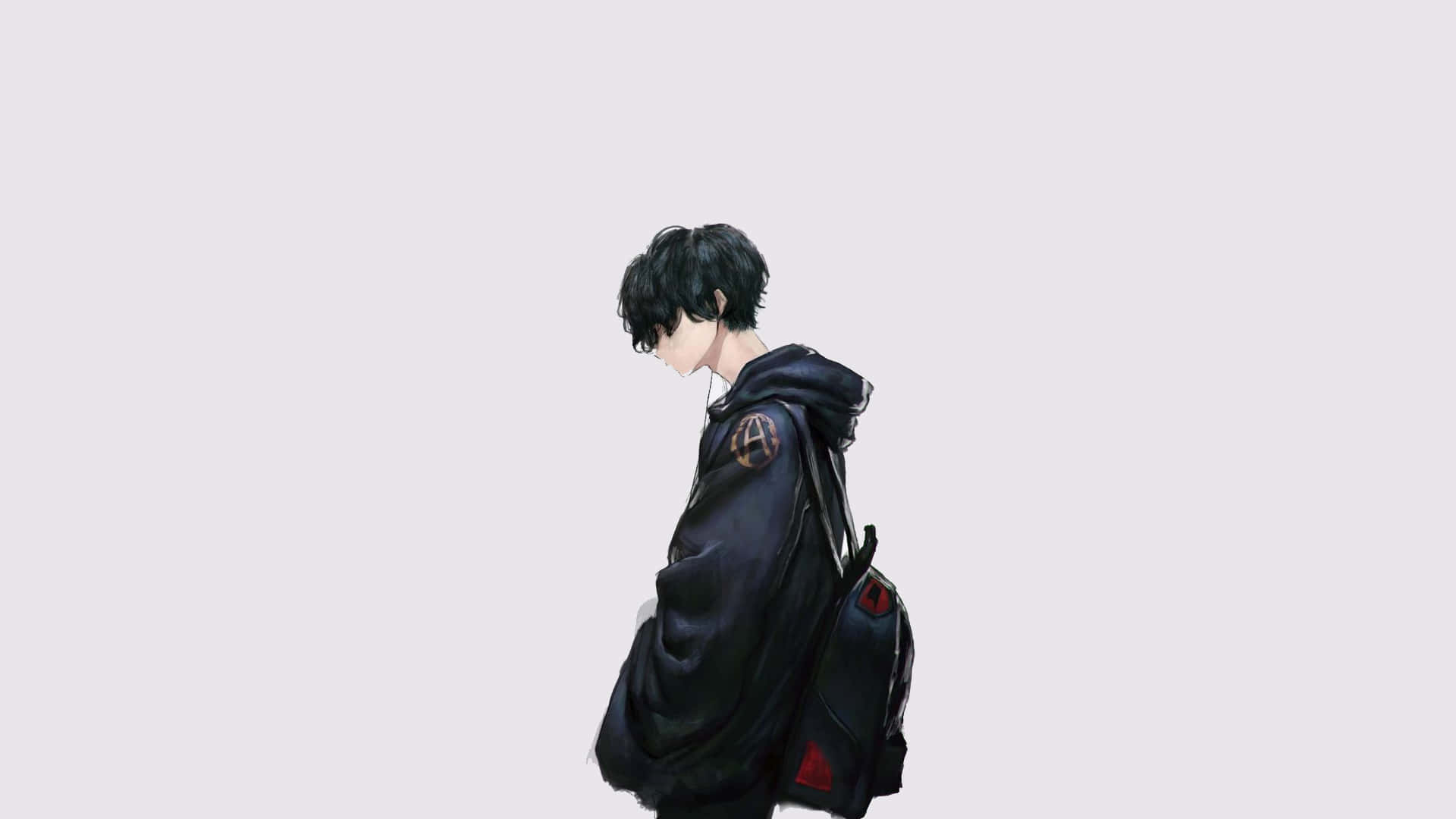 動漫男孩 桌布 壁紙 — 一個孤獨的動漫風格少年，黑髮穿連帽衫，側面站在純淺灰色背景前。
