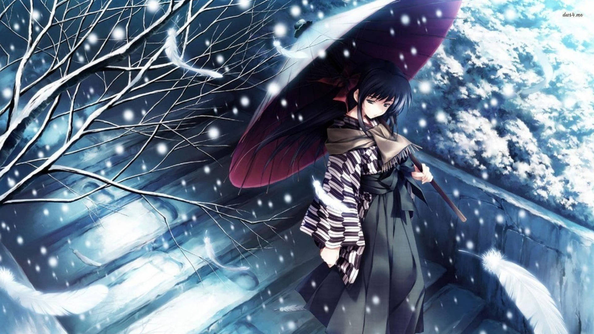 動畫女孩在冬雪中撐著紅傘，周圍有發光的羽毛。 — 4K 壁紙