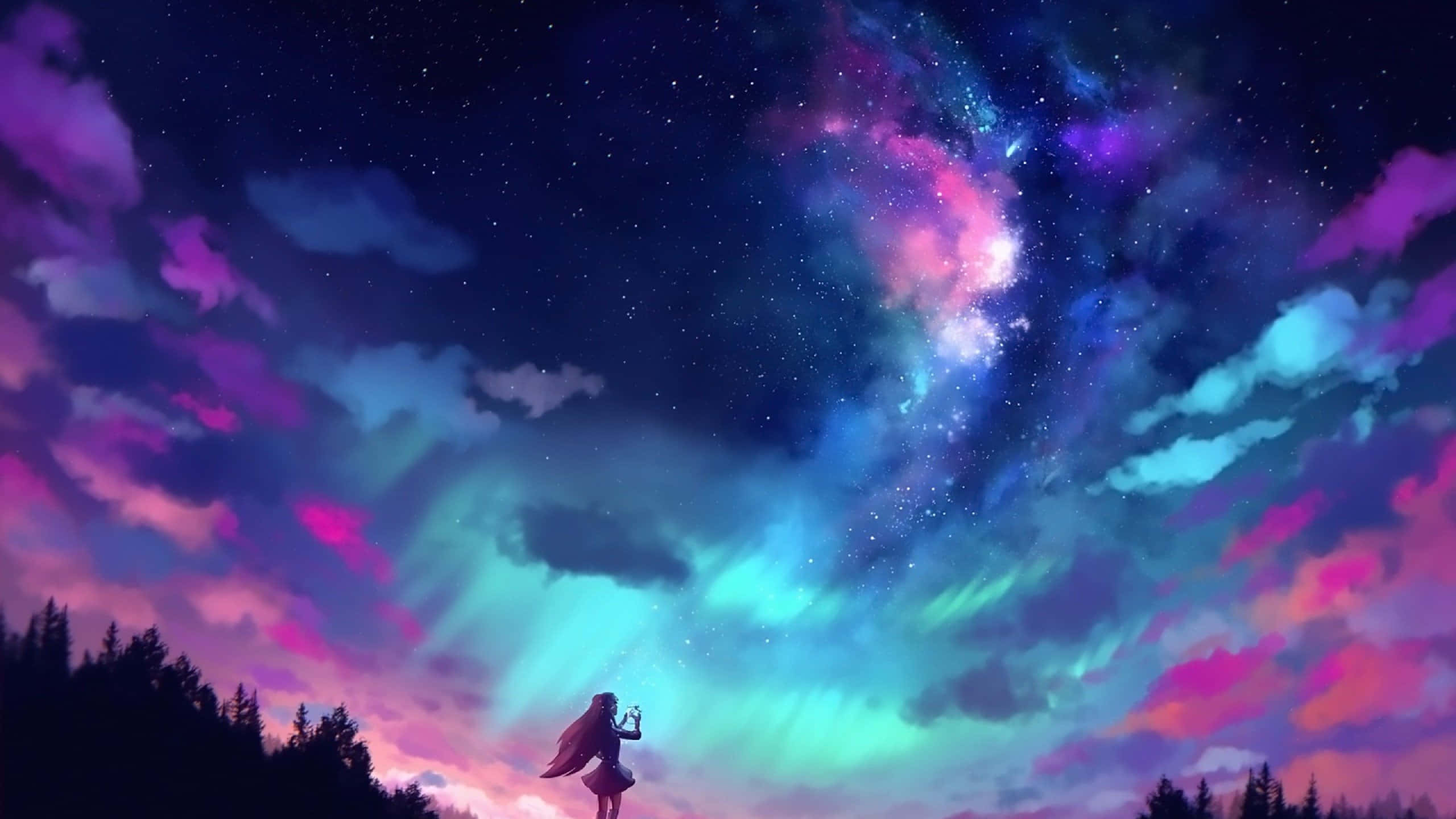 Pink Anime 桌布 壁紙 — 一個孤獨的動畫女孩在充滿旋轉星雲和發光極光的充滿活力的宇宙天空下敬畏地站著。